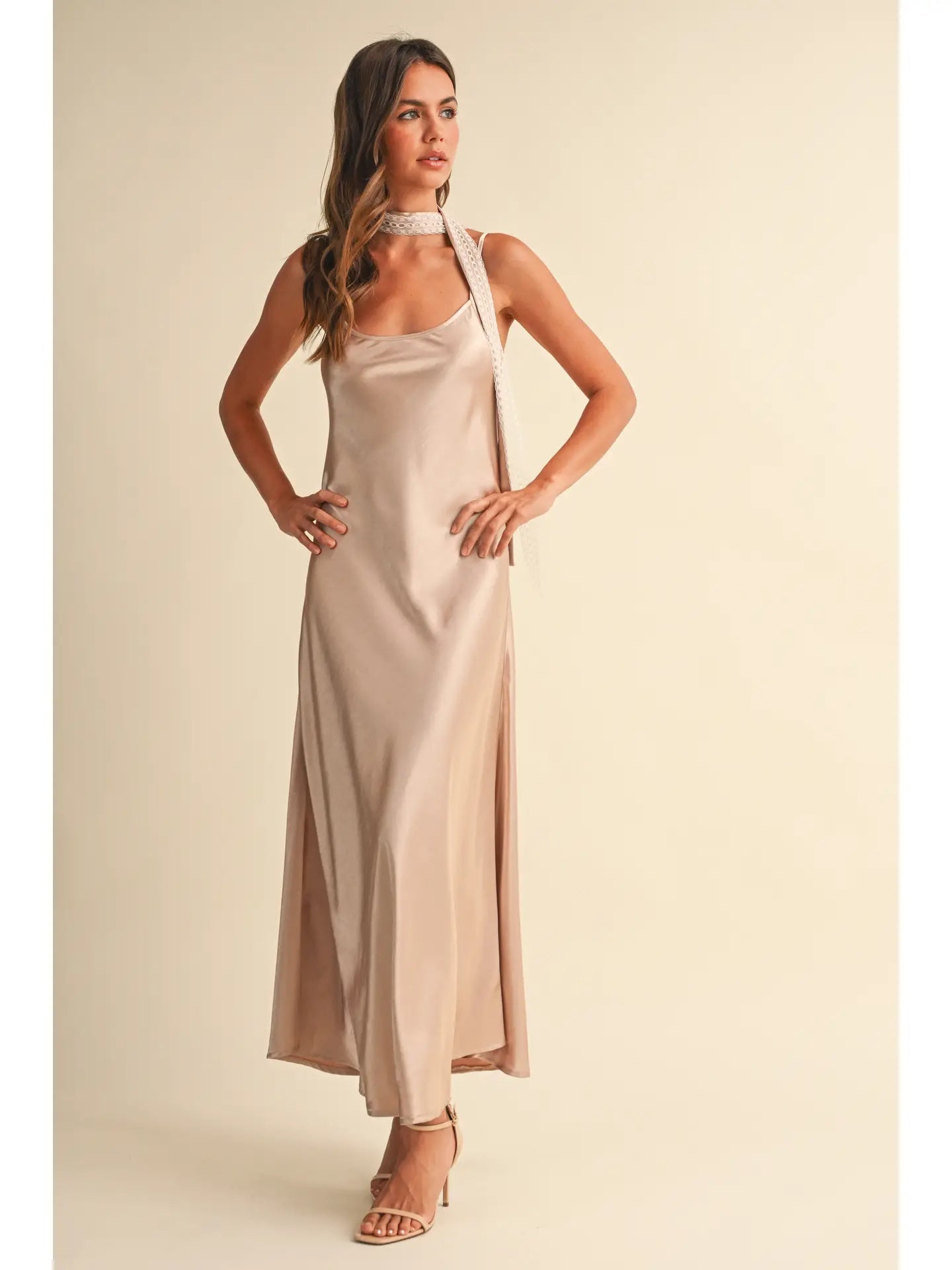 SLEEVELESS SATIN MIDI DRESS W/ SCARF