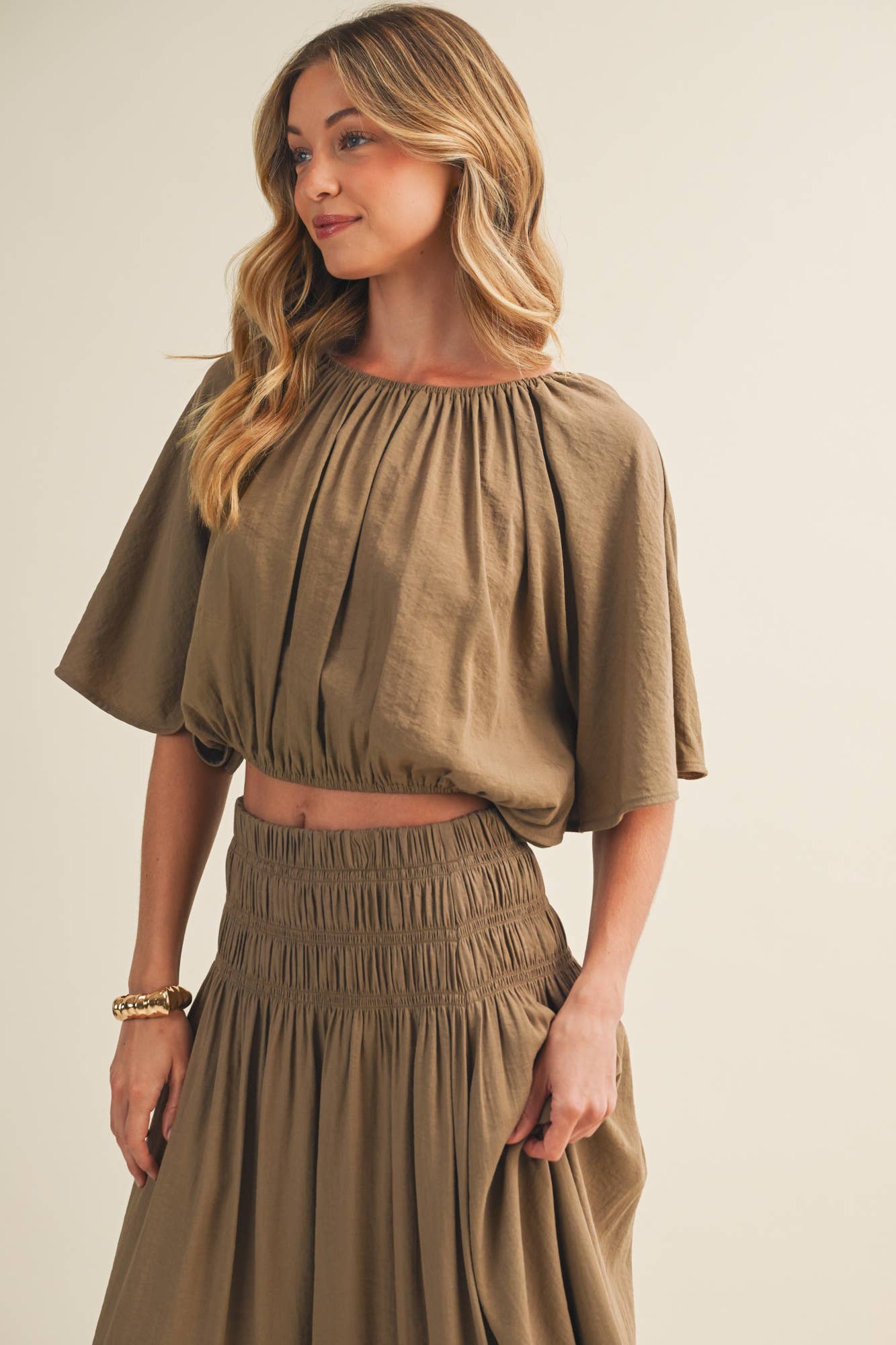 Shirred Waistband Voluminous Sleeve Blouse
