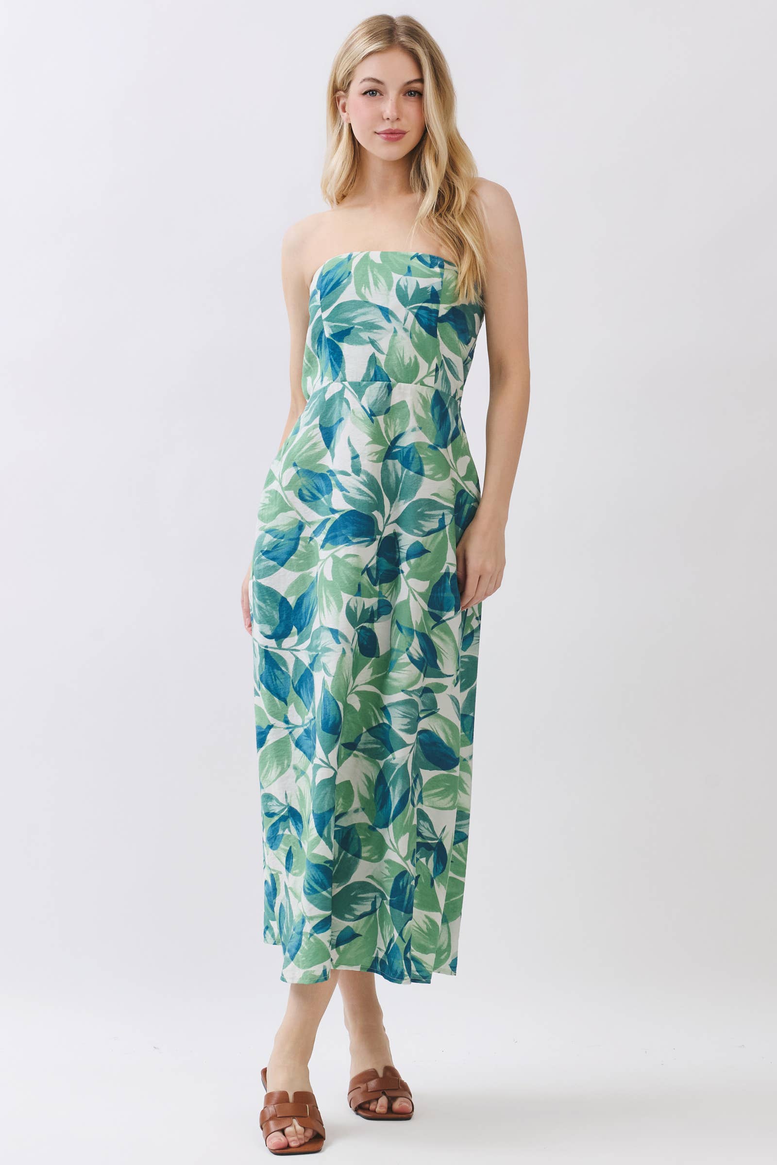 Leaf Print Tube Top Midi Dress