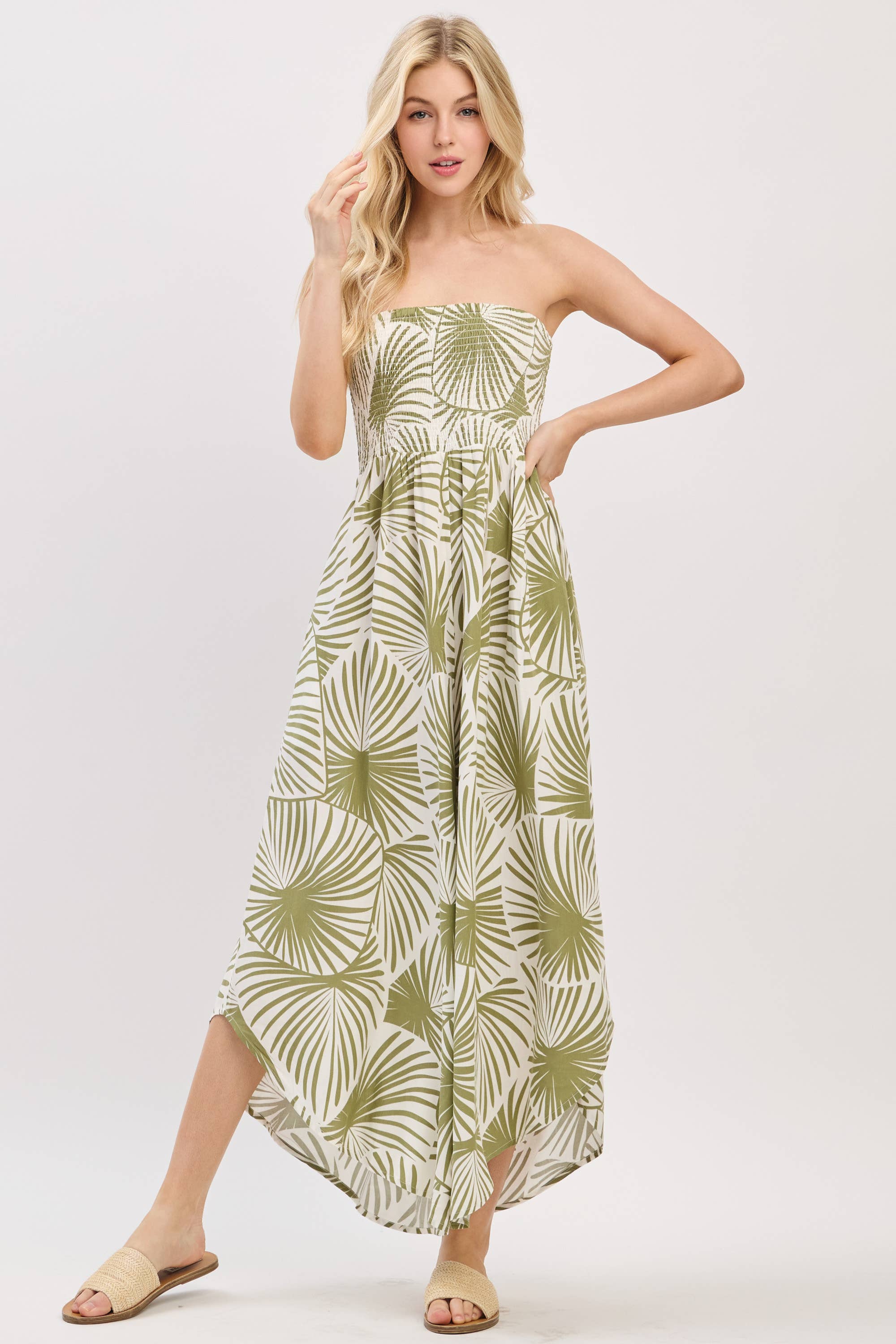 Palm Print Smocked Top and Wide Leg Jumpsuit