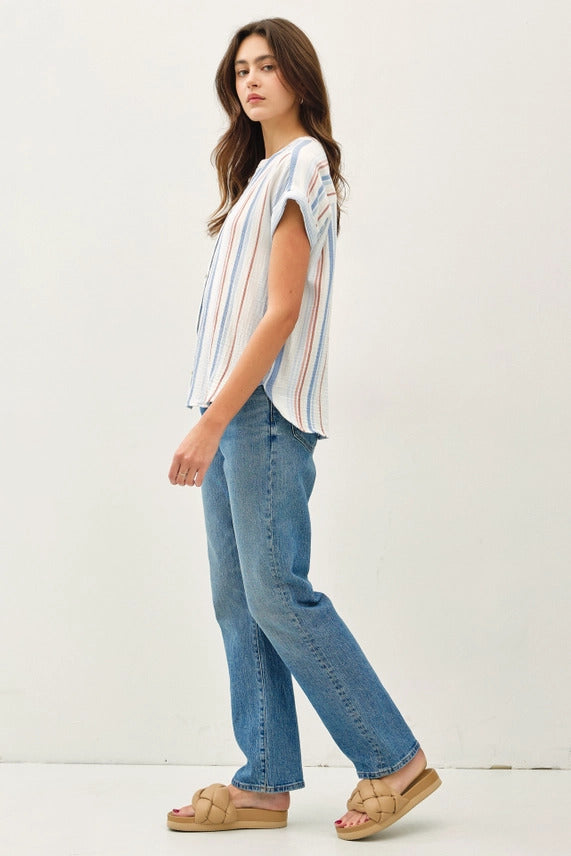 Gauzy Stripe Button Up Top