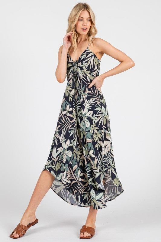 Tropical Print Cinch Tie Midi Dress
