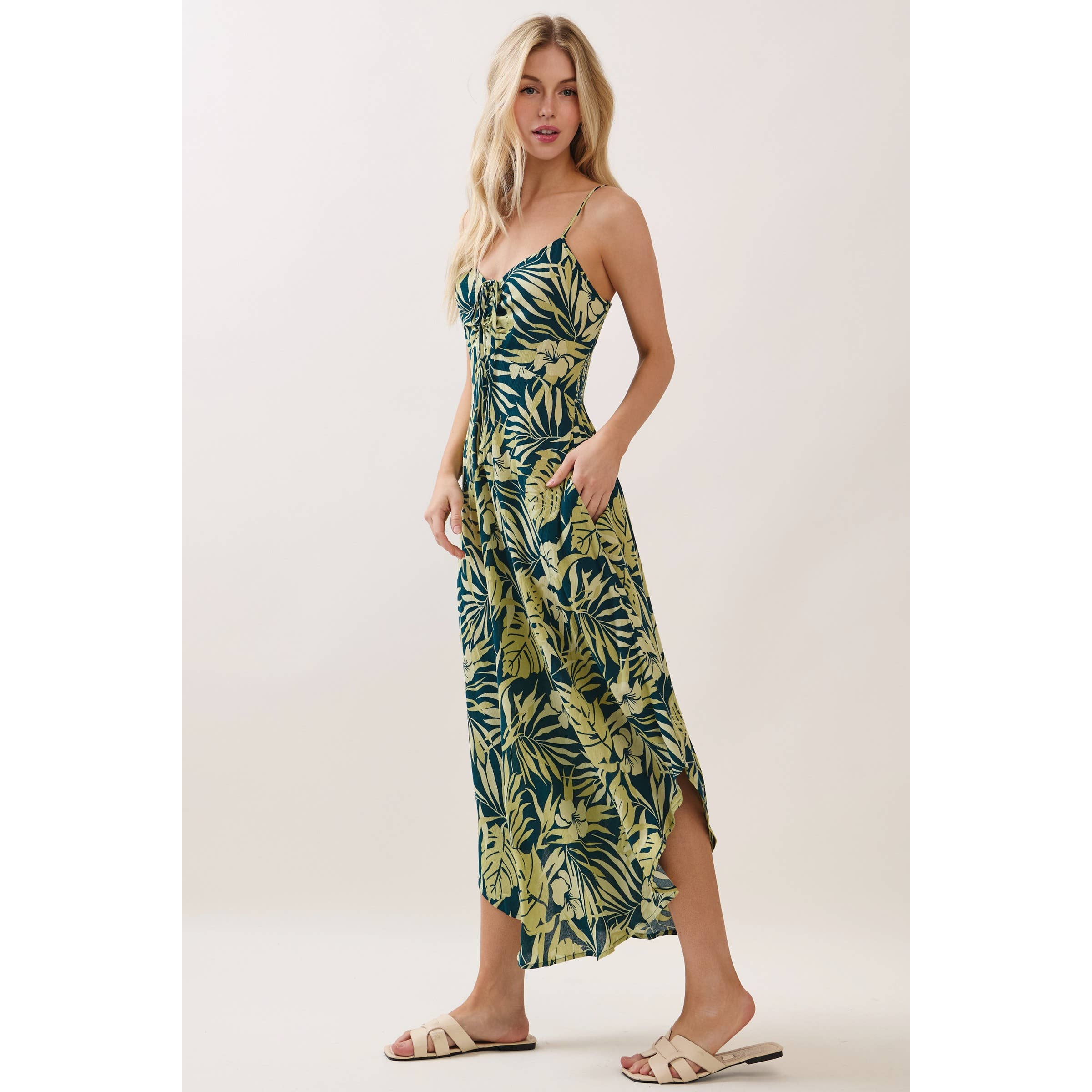 Tropical Ruche Bodice Midi Dress