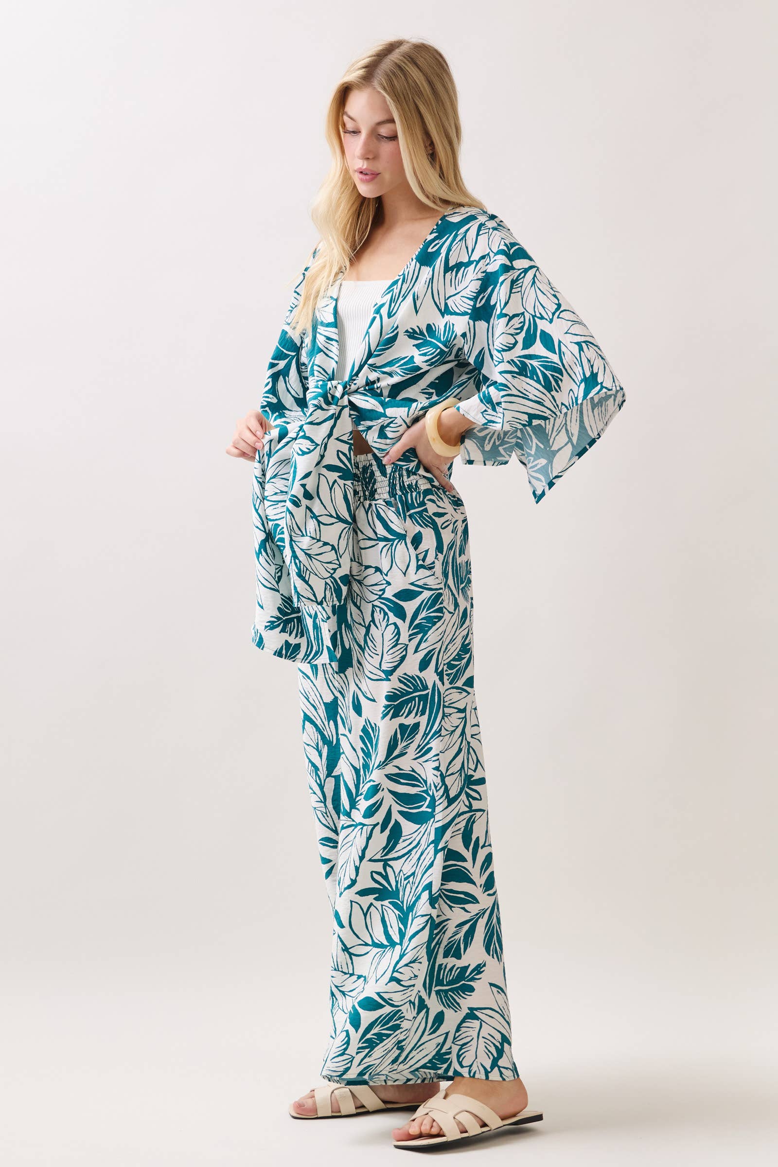 Leaf Print Smock Waist Pants