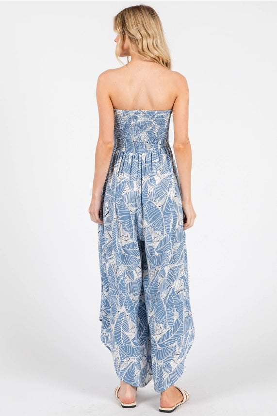 Leaf Print Smock Strapless Jumpsuit