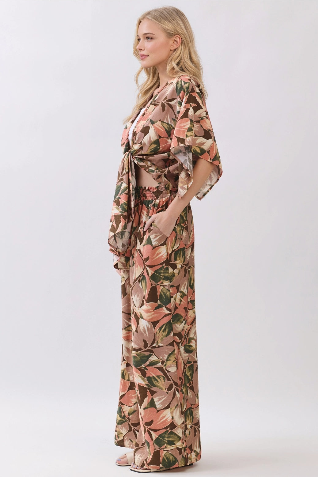 Leaf Print Drawstring Tie Waist Pants