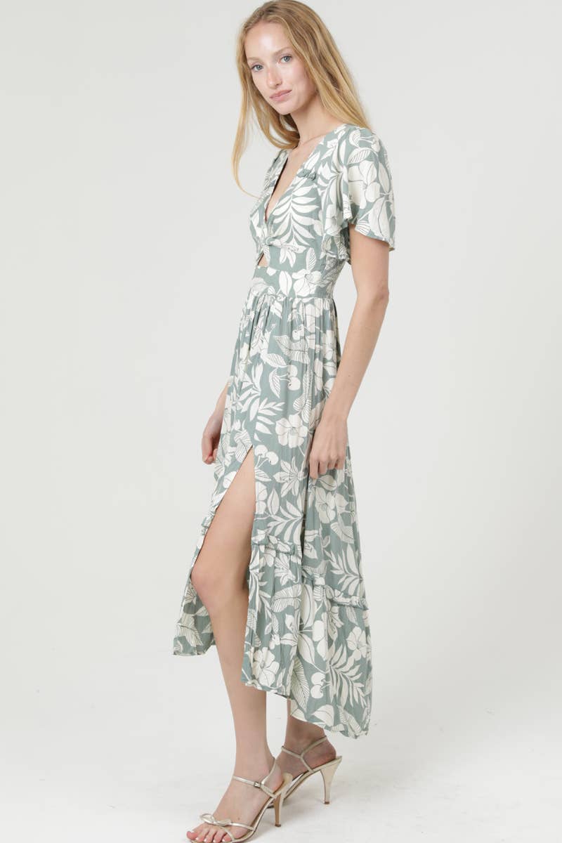 V NECK TWIST FRONT MIDI DRESS WITH SLIT