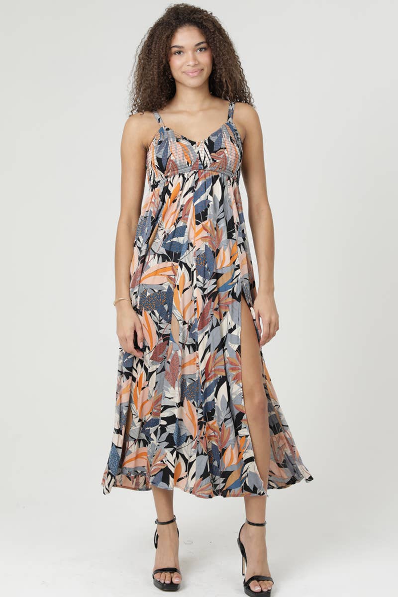Tropical Double Slit Midi Dress