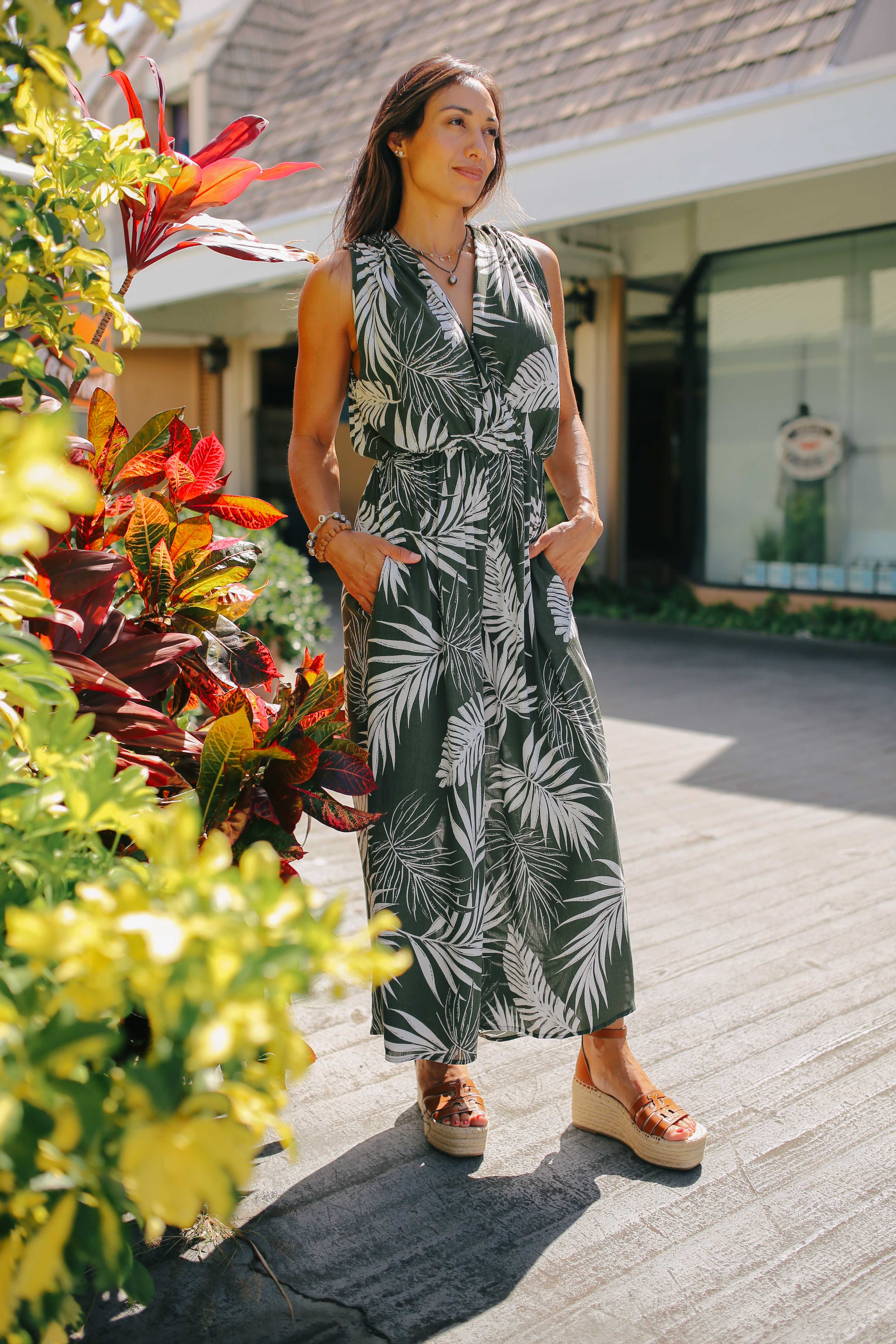 Palm Print Surplice Jumpsuit