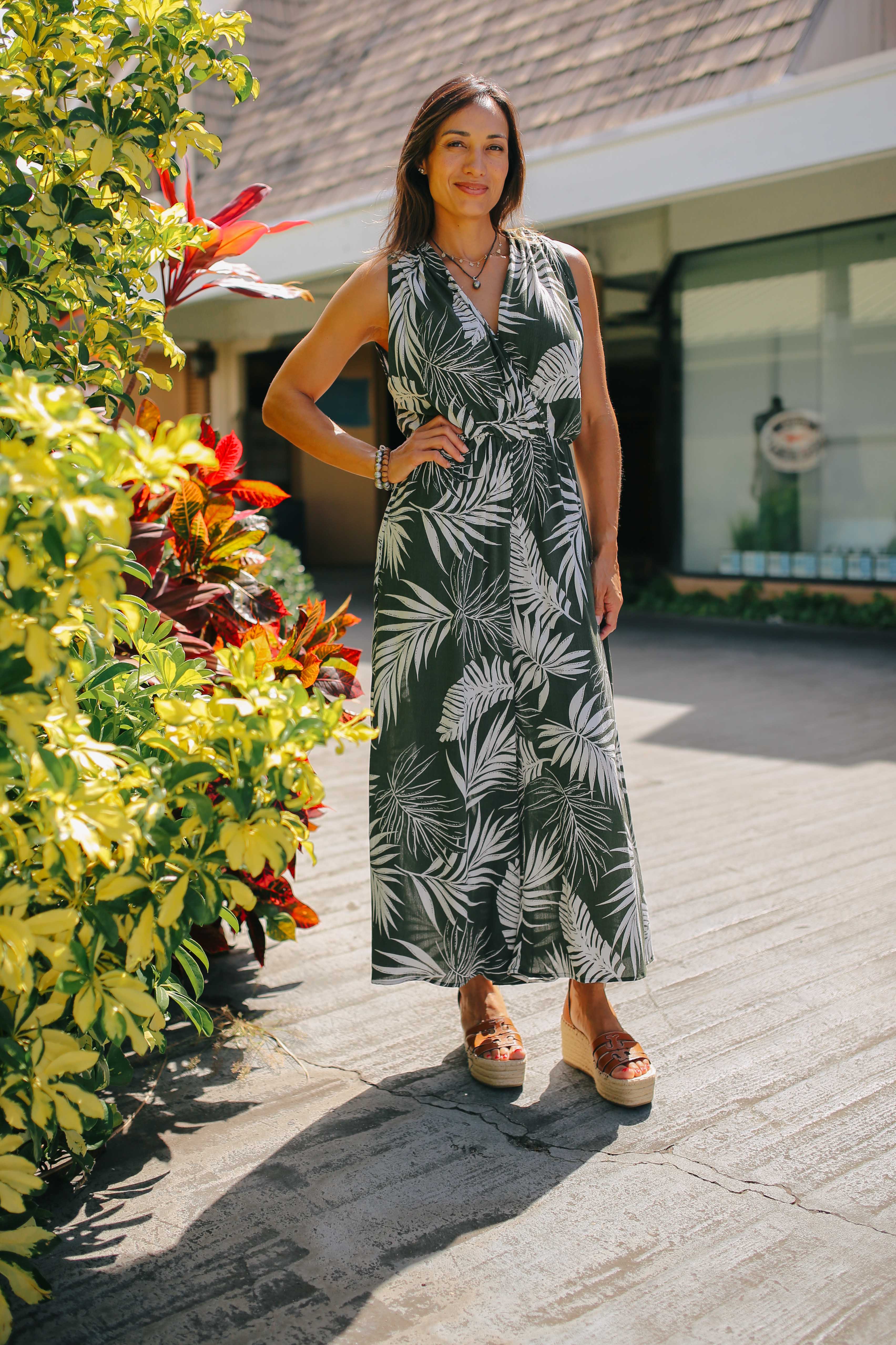 Palm Print Surplice Jumpsuit