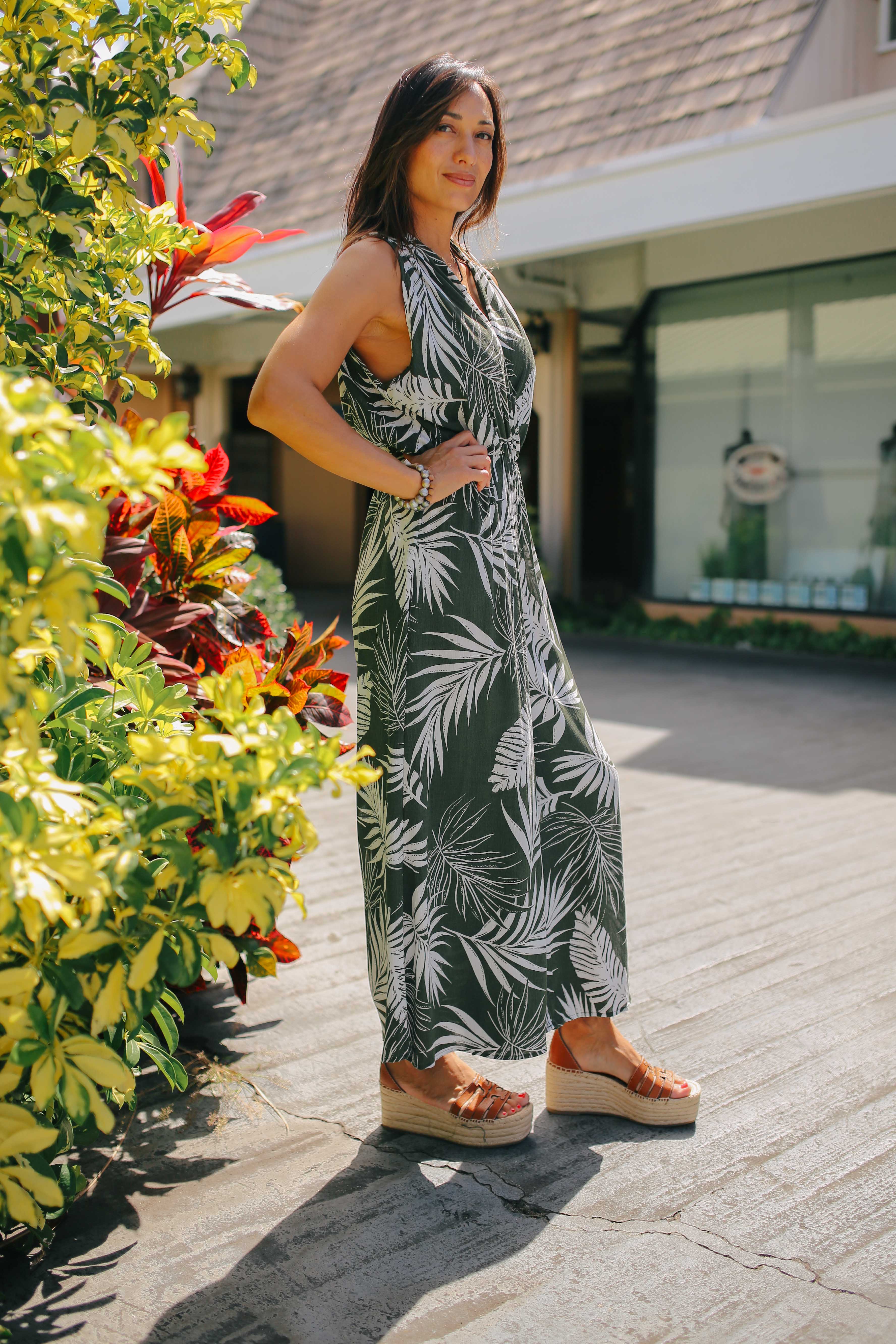 Palm Print Surplice Jumpsuit