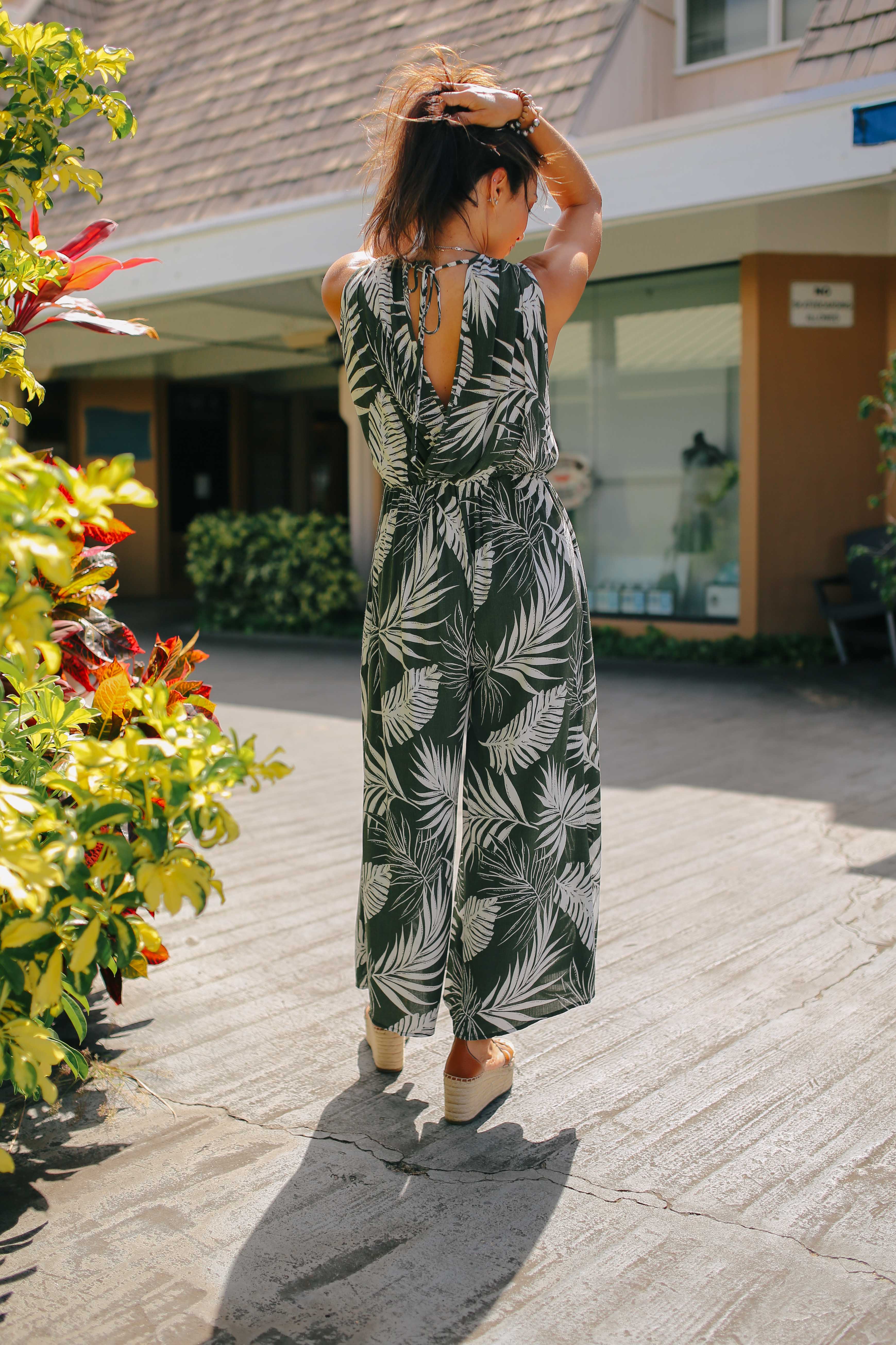 Palm Print Surplice Jumpsuit