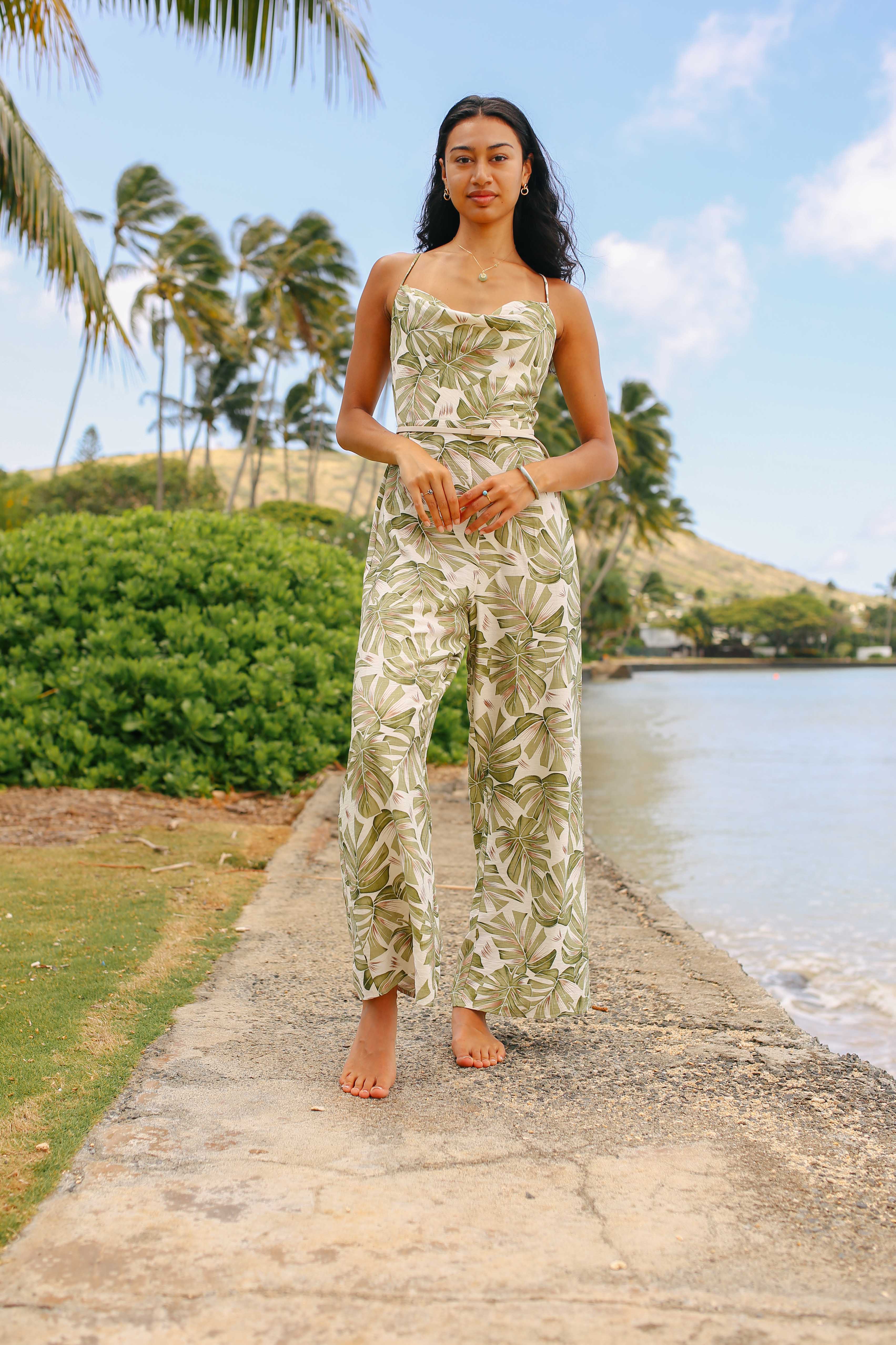 Tropical Leaf Print Belted Jumpsuit