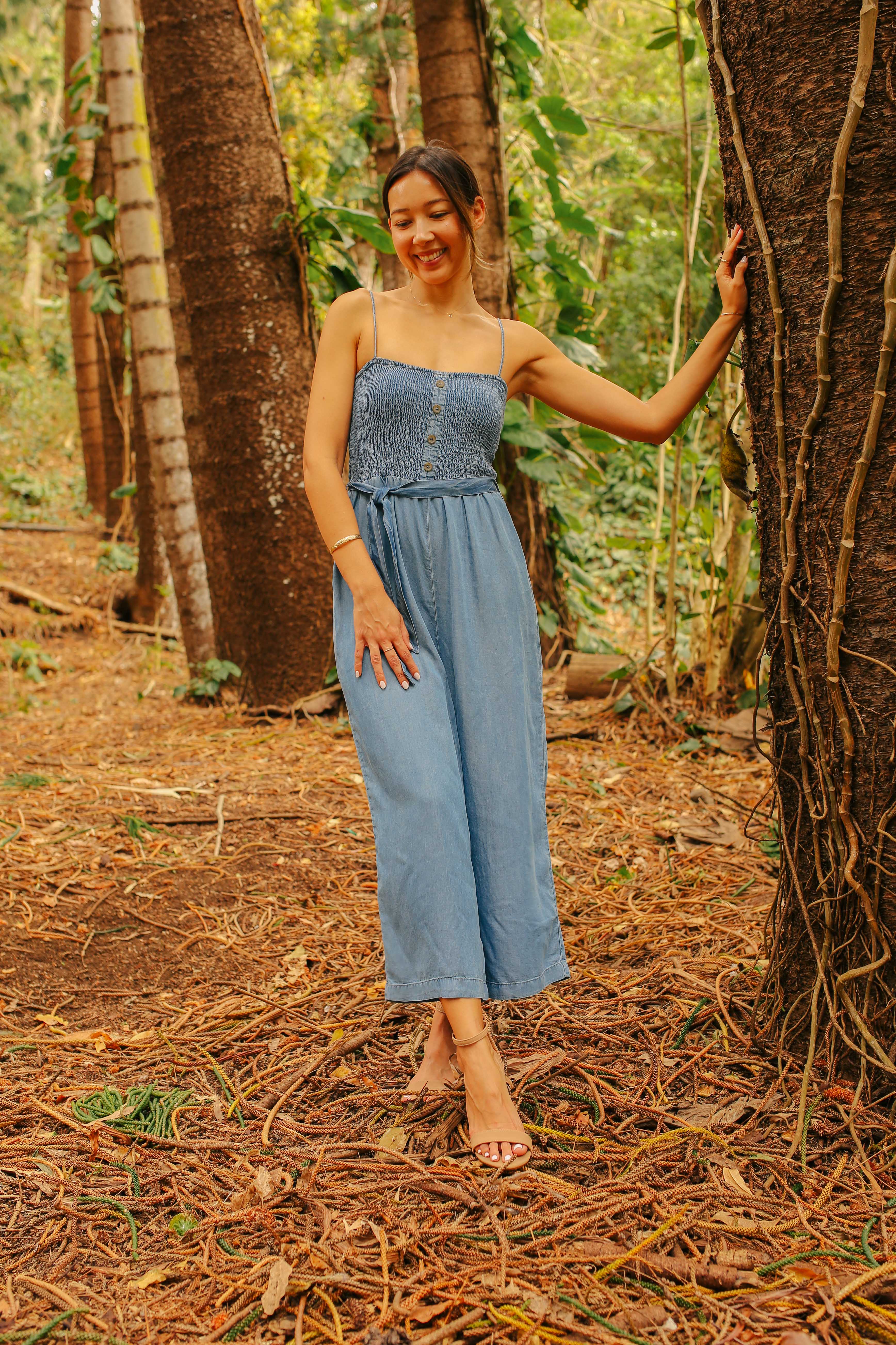 Tencel Smocked Tie Waist Jumpsuit