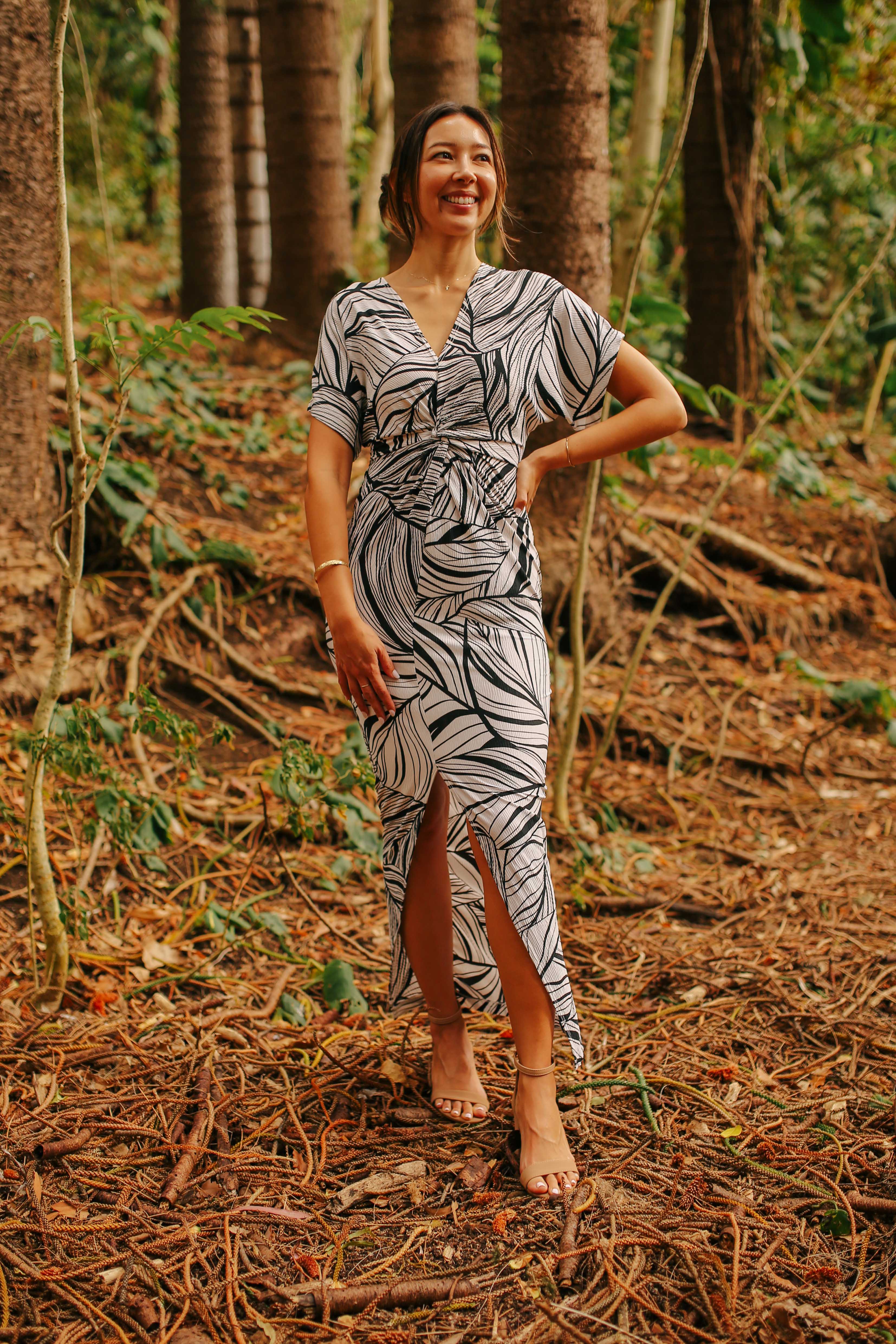 Twist Front Leaf Print Maxi Dress