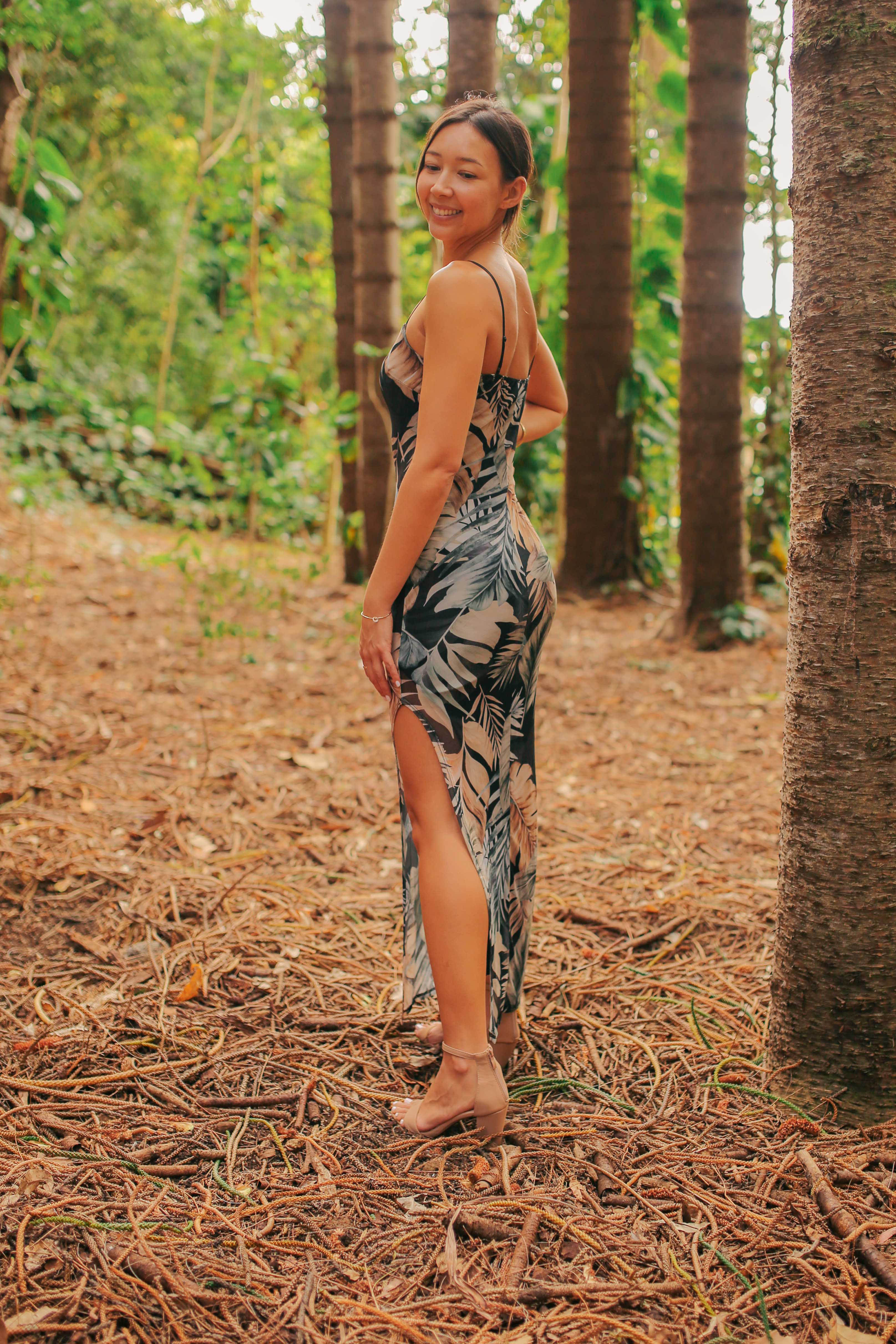 Tropical Side Slit Mesh Maxi Dress