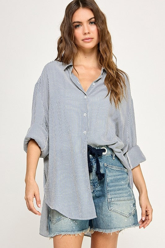 Striped Oversize Button Up Top