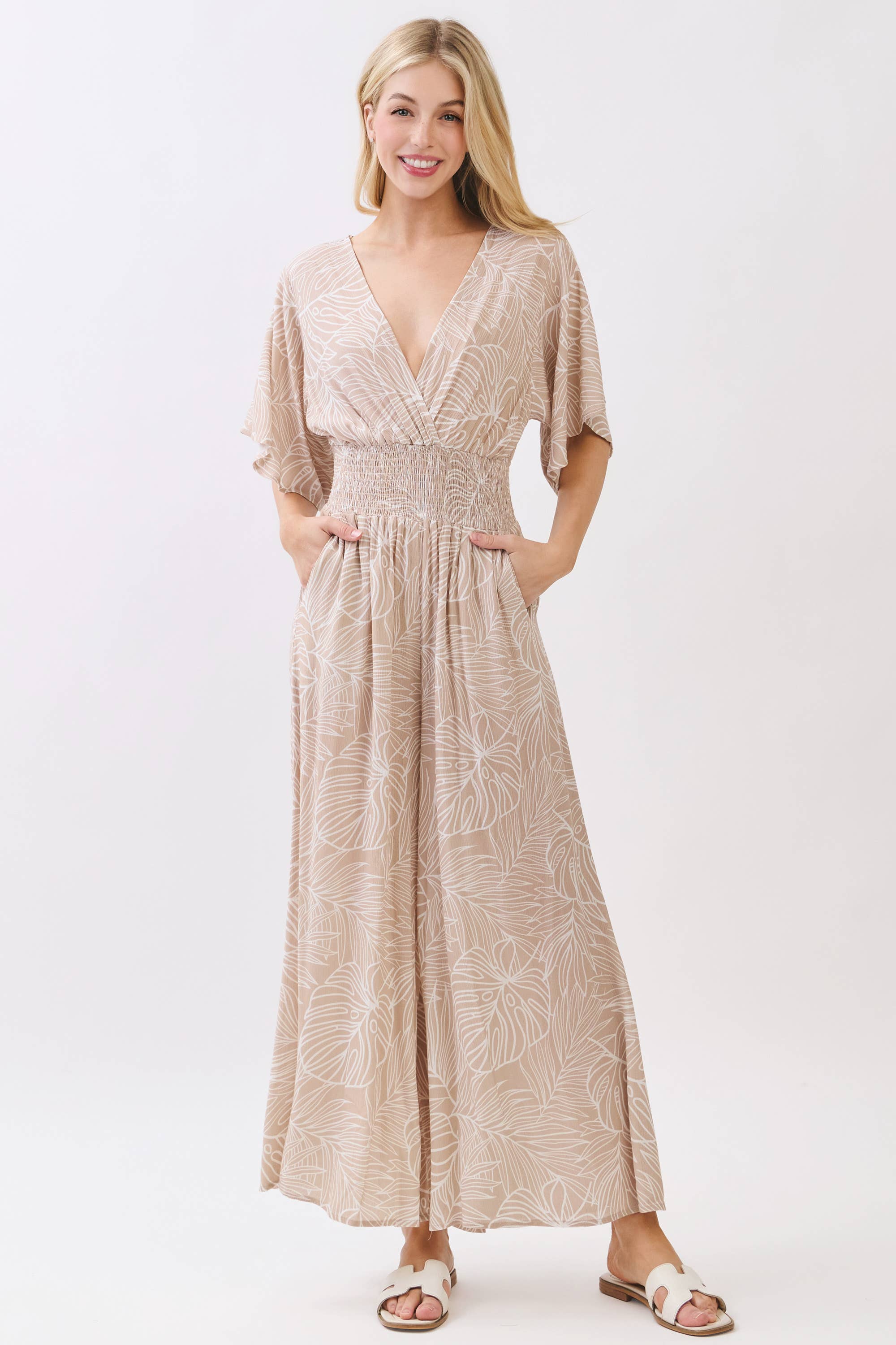 LEAF PRINT SURPLICE WIDE LEG JUMPSUIT