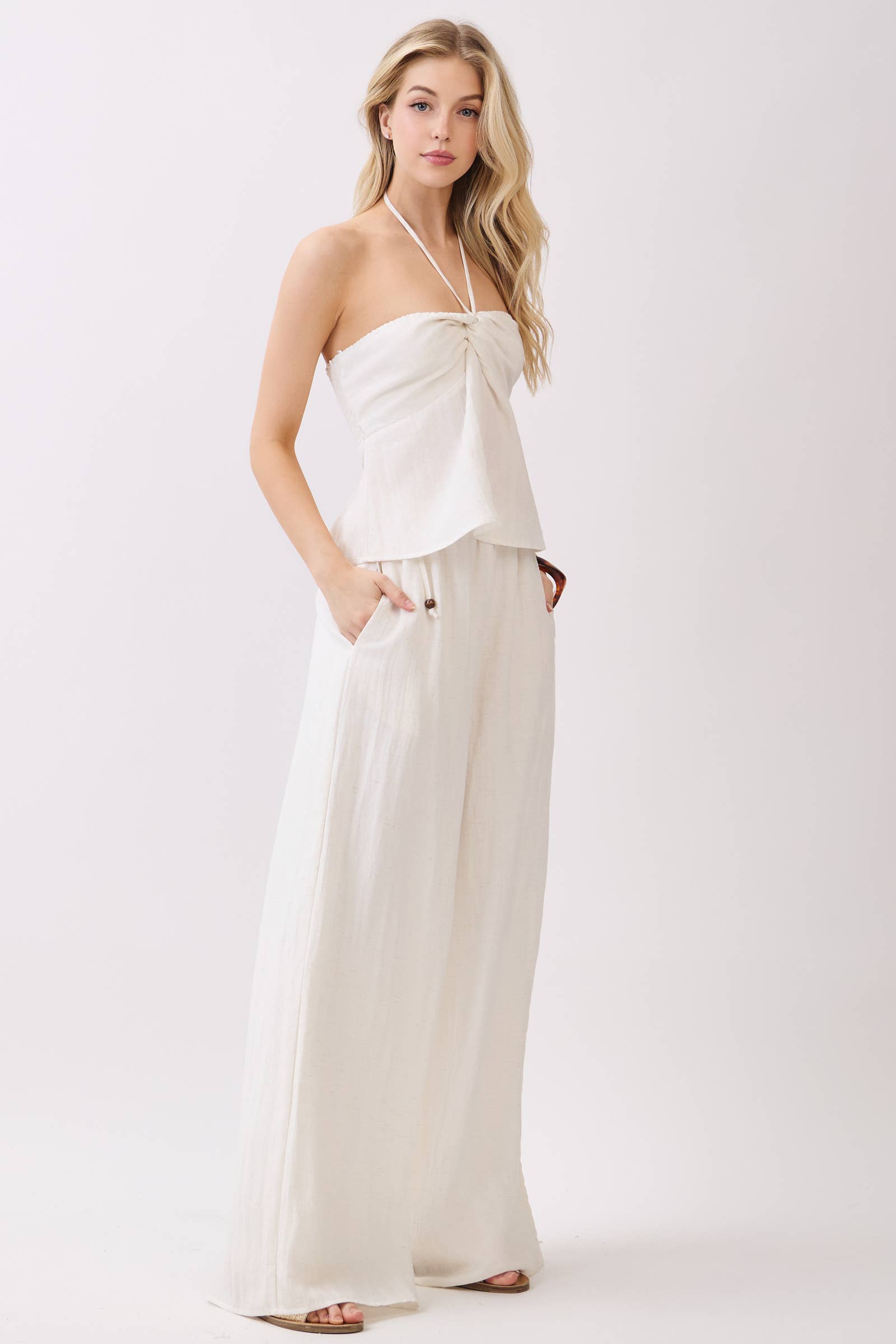 Beaded Side Tie Wide Leg Pants