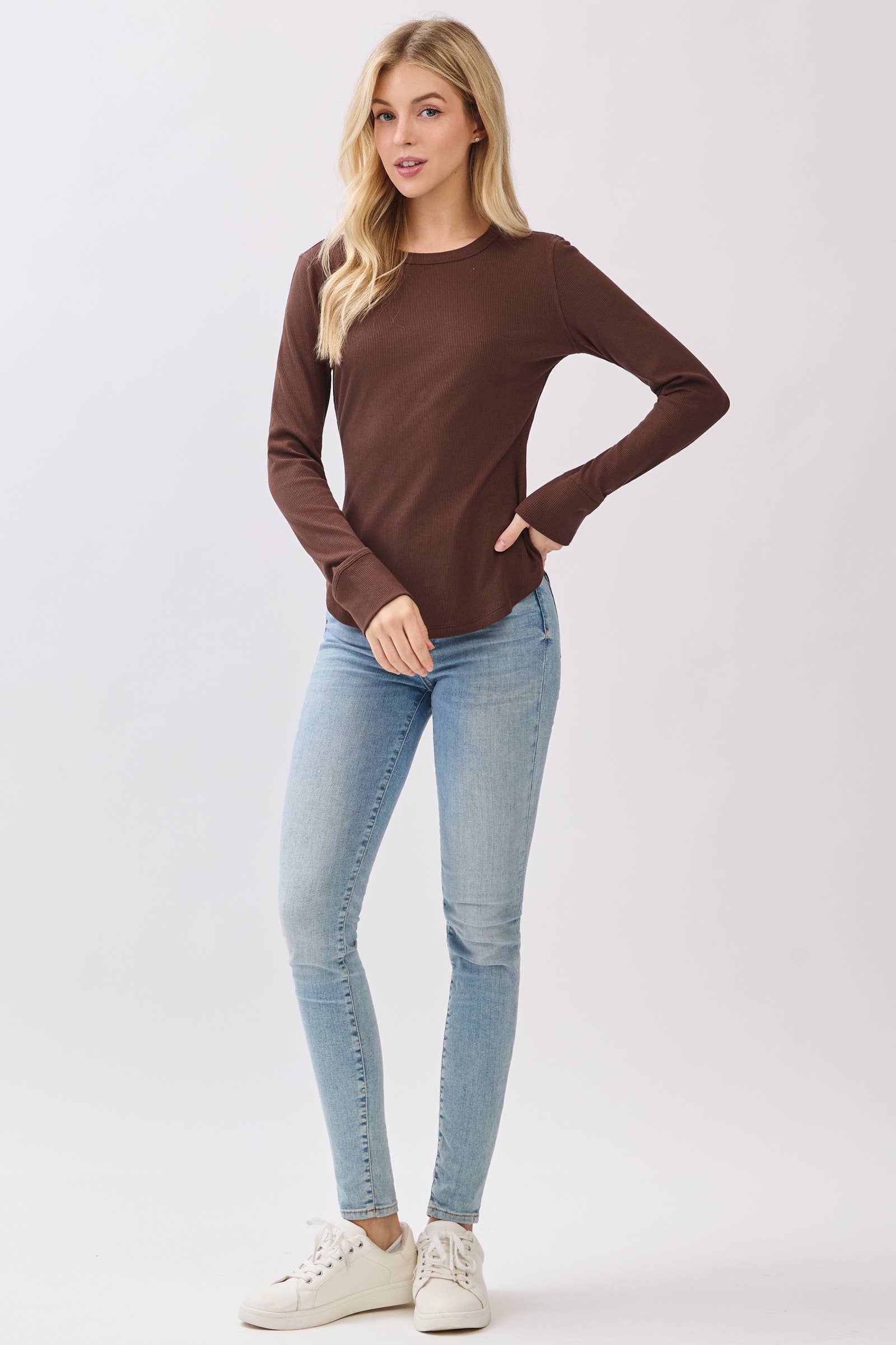 Ribbed Crew Neck Long Sleeve Fitted Top