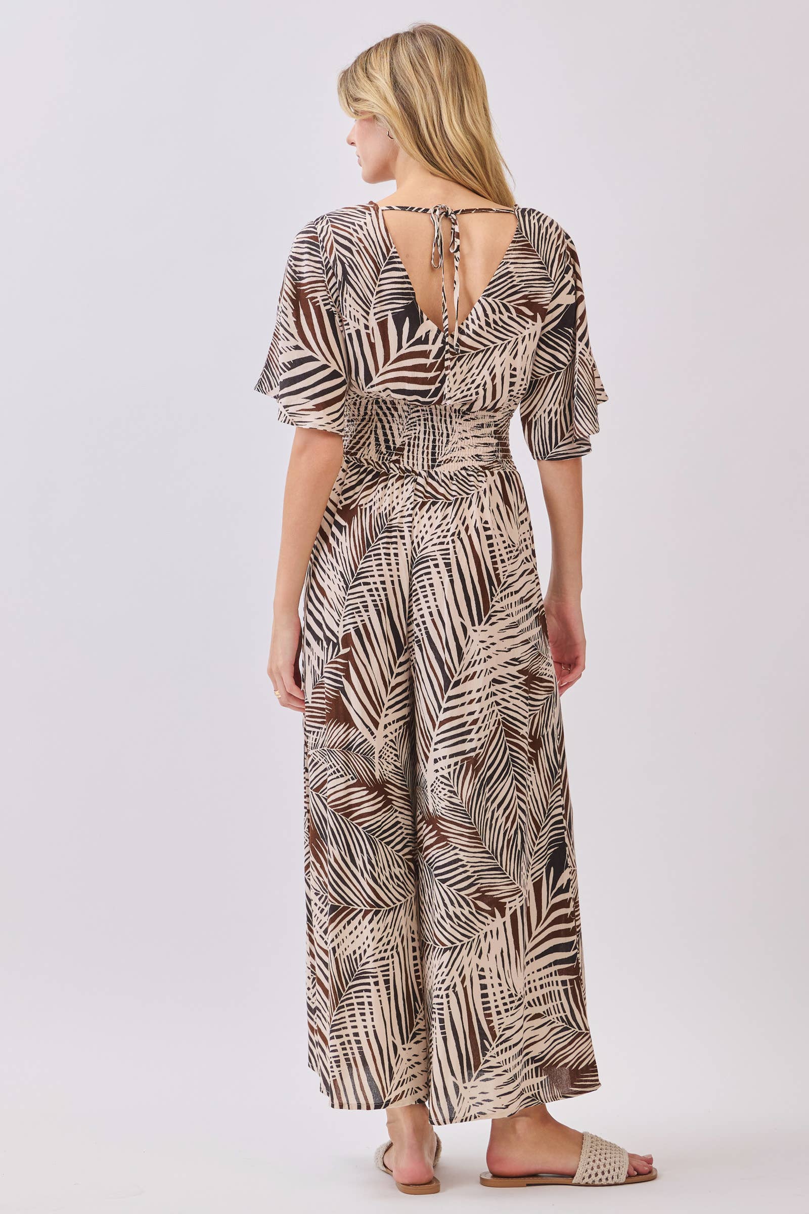 Tropical Print Surplice and Wide Leg Jumpsuit