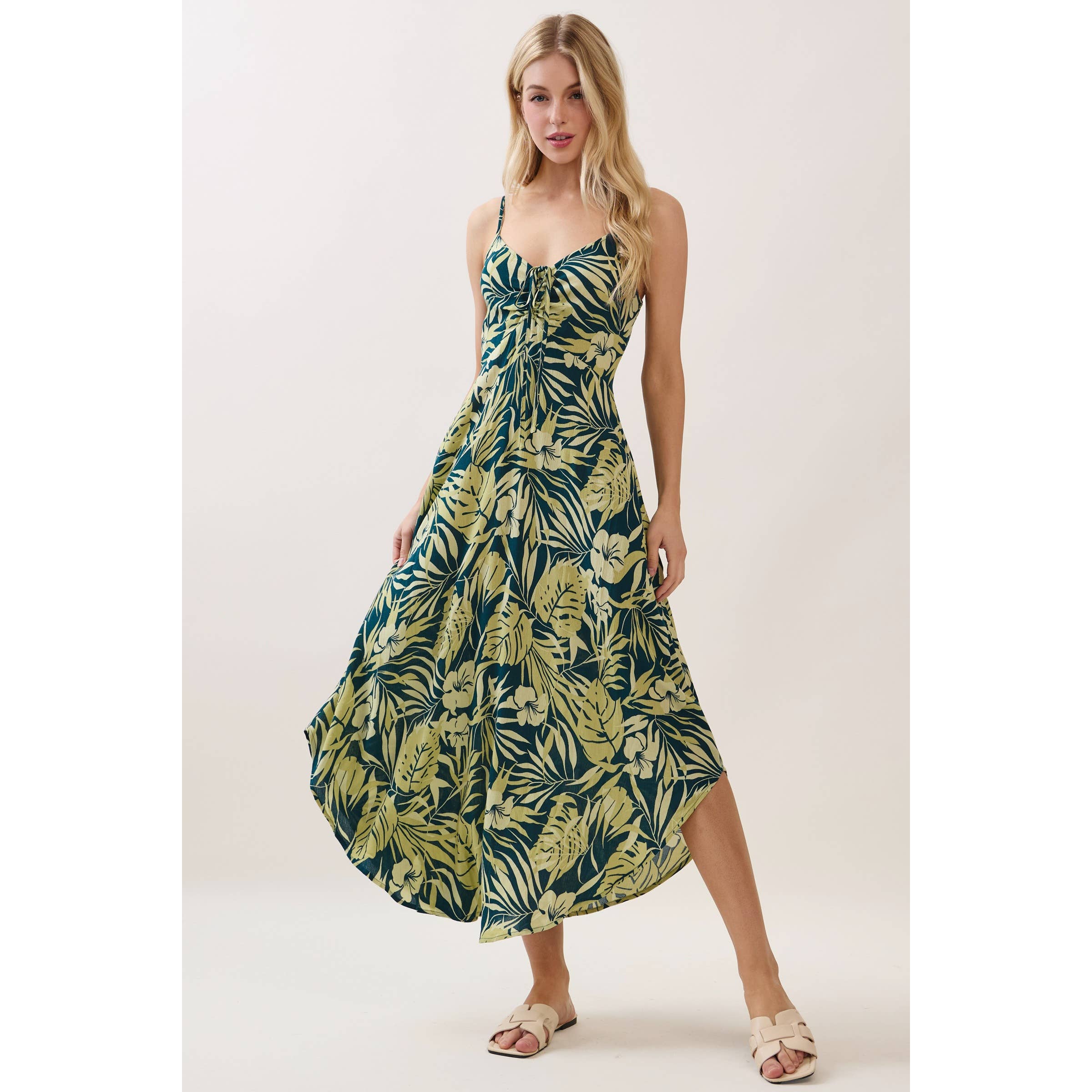 Tropical Ruche Bodice Midi Dress