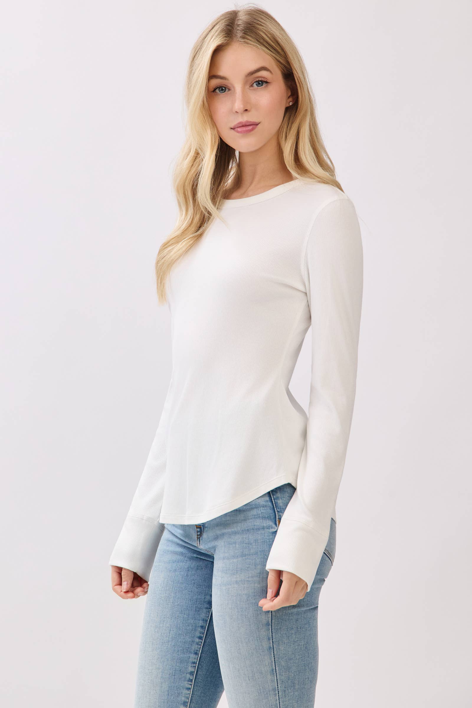 Ribbed Crew Neck Long Sleeve Fitted Top
