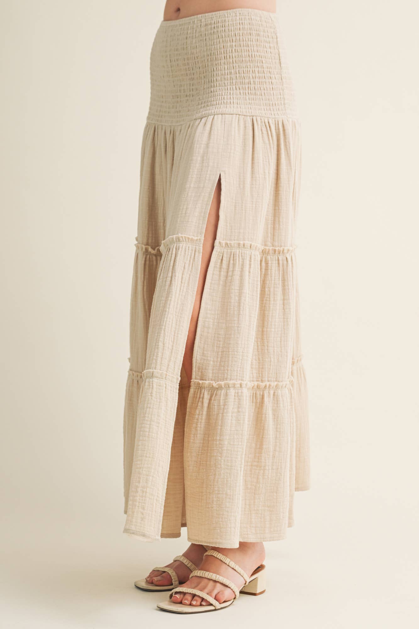 Smocked Waist High Slit Tiered Maxi