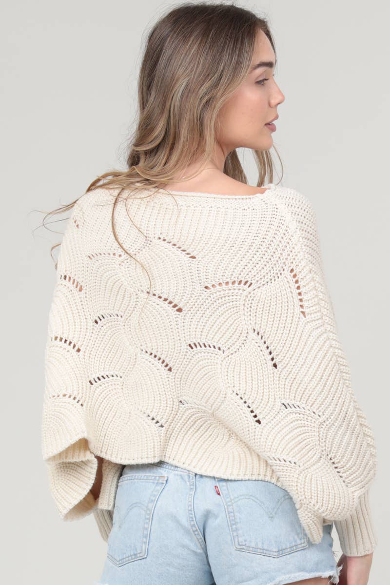 Cable Knit Scalloped Batwing Sweater