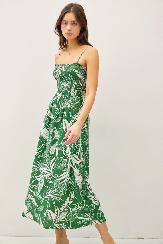 Smocked Leaf Print Midi Dress