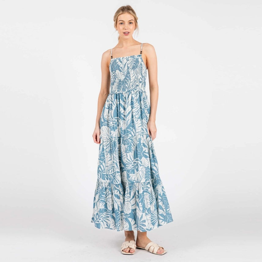 Tropical Smocked Tiered Midi Dress
