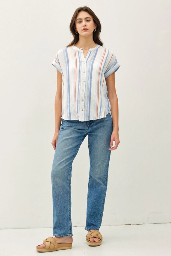 Gauzy Stripe Button Up Top