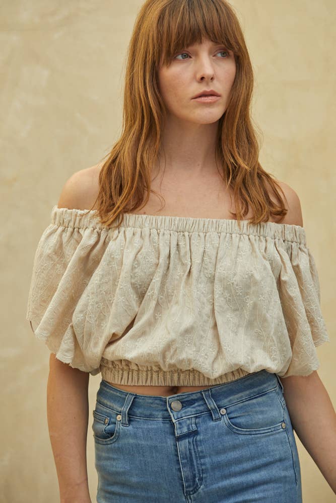 Woven Cotton Embroidery Off The Shoulder Crop Top