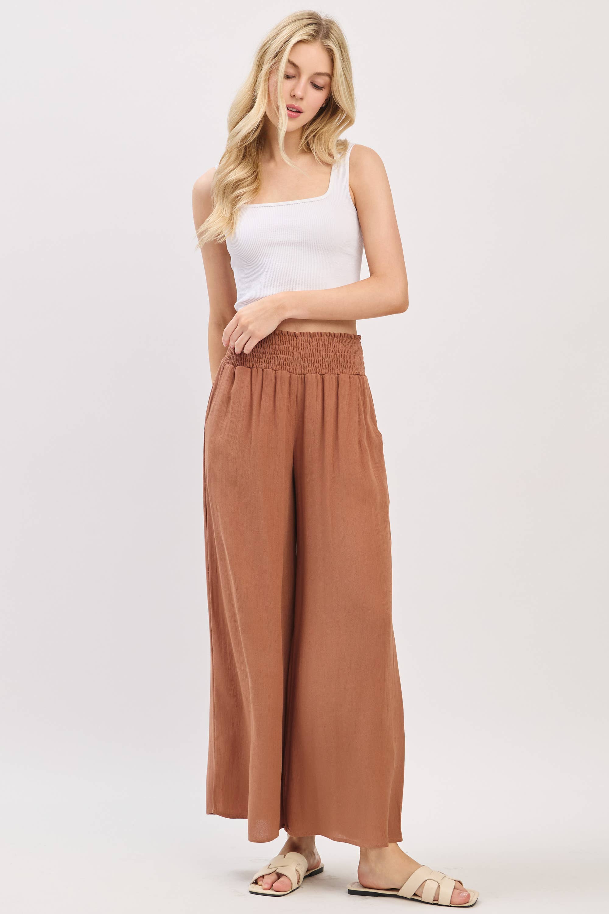 Waist Smocked Wide Leg Pants