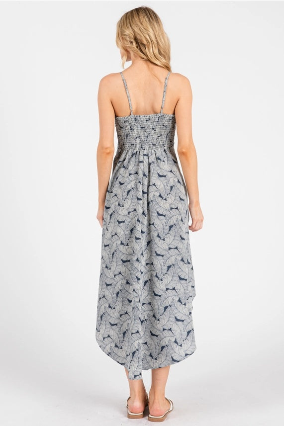 Palm Leaf Ruche Front Midi Dress