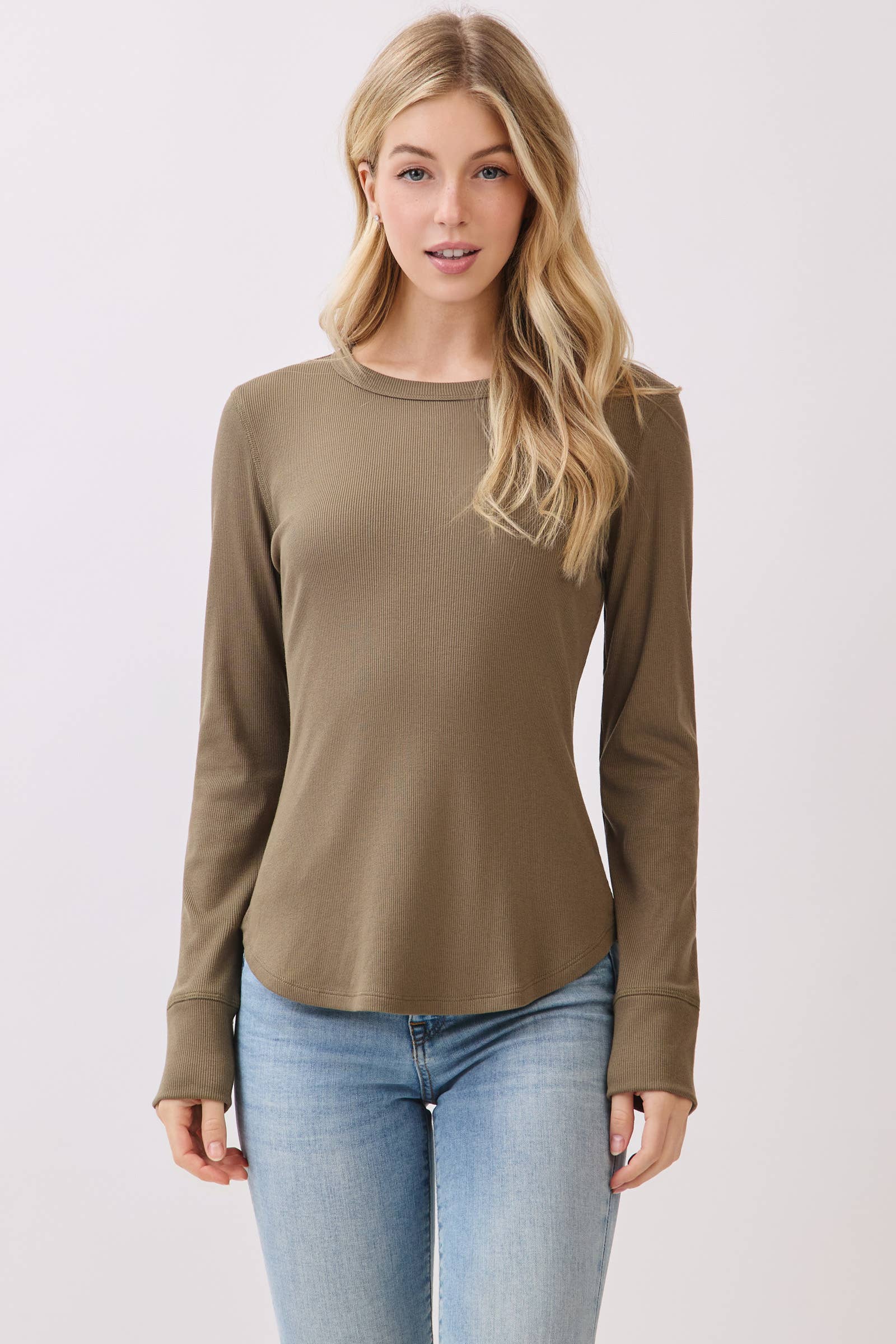 Ribbed Crew Neck Long Sleeve Fitted Top