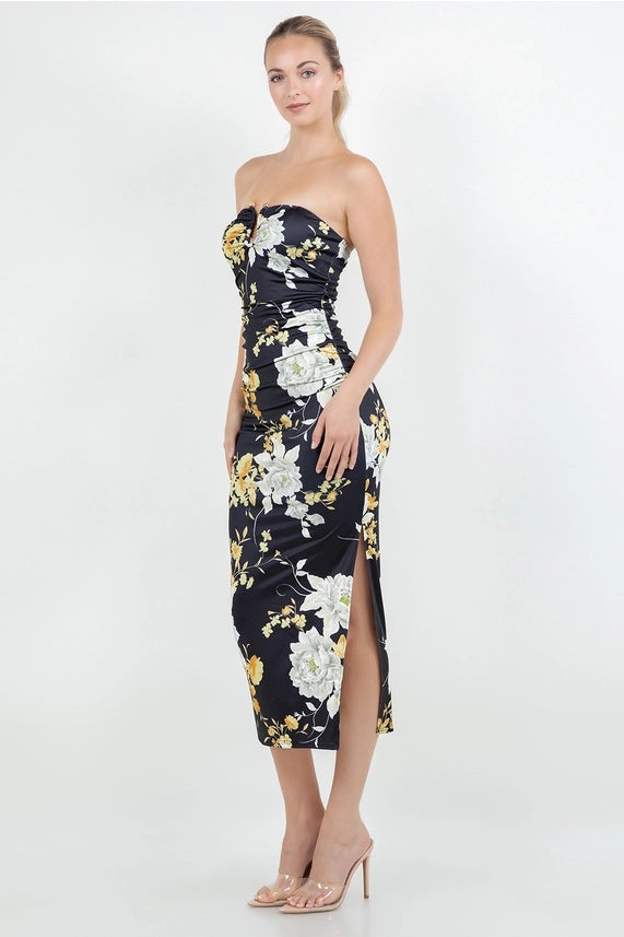 Floral Bodycon Midi Dress w/ Crystal Accent