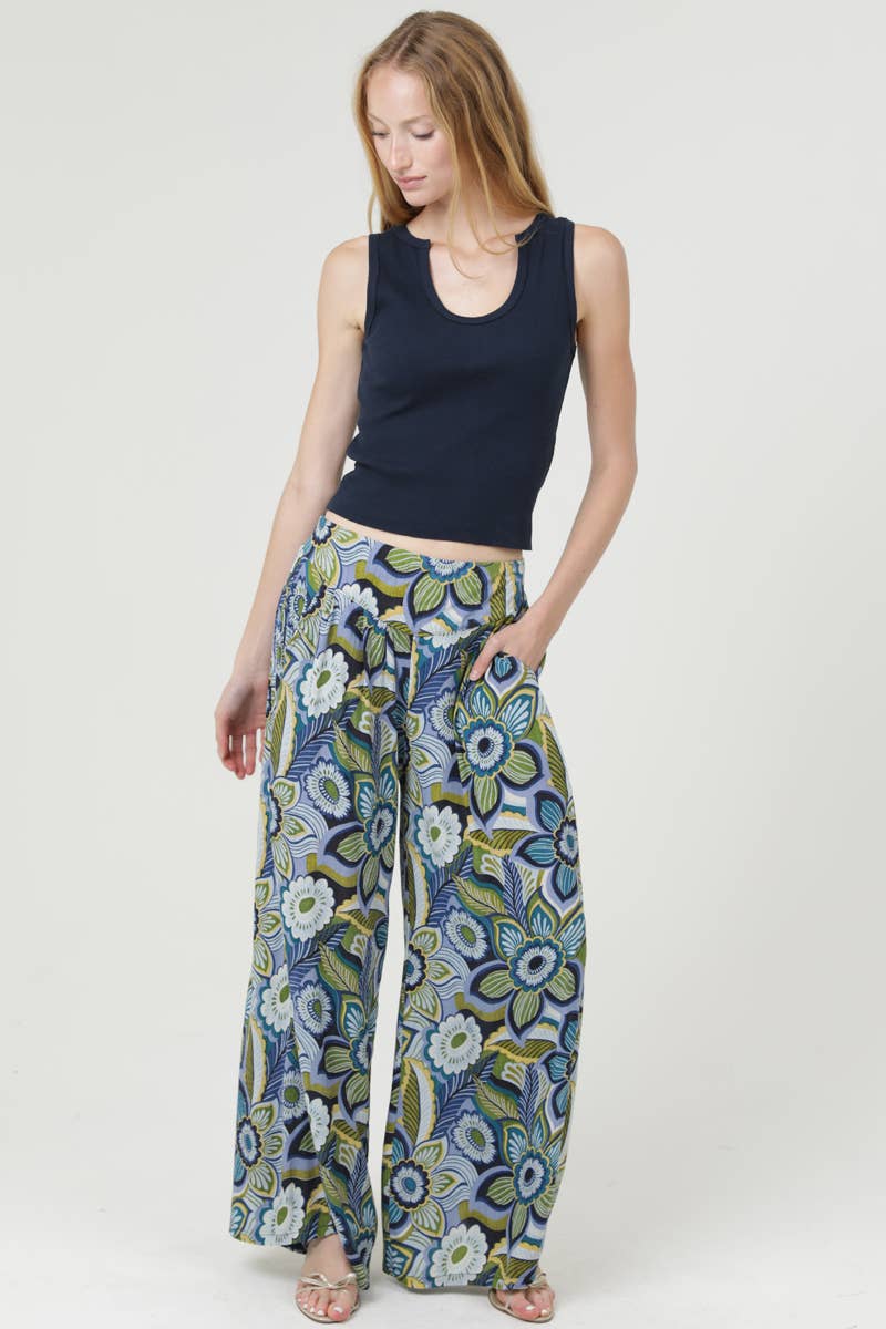 Retro Print Wide Leg Pants