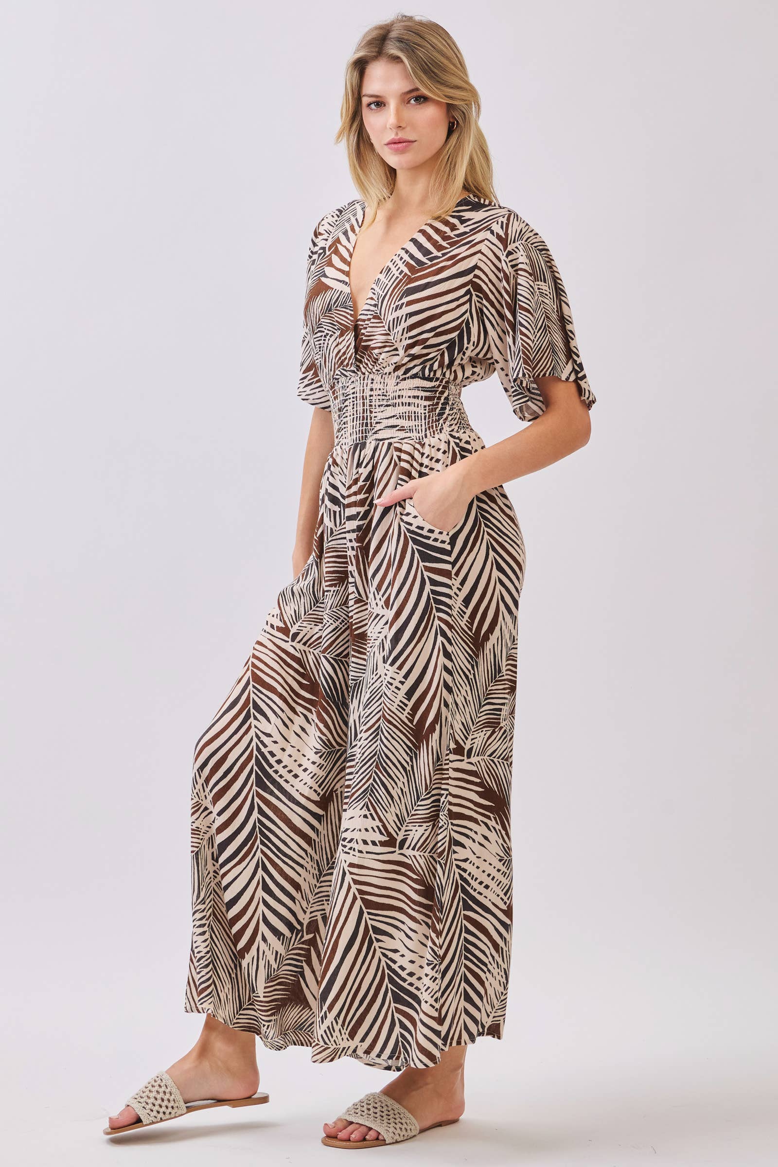 Tropical Print Surplice and Wide Leg Jumpsuit