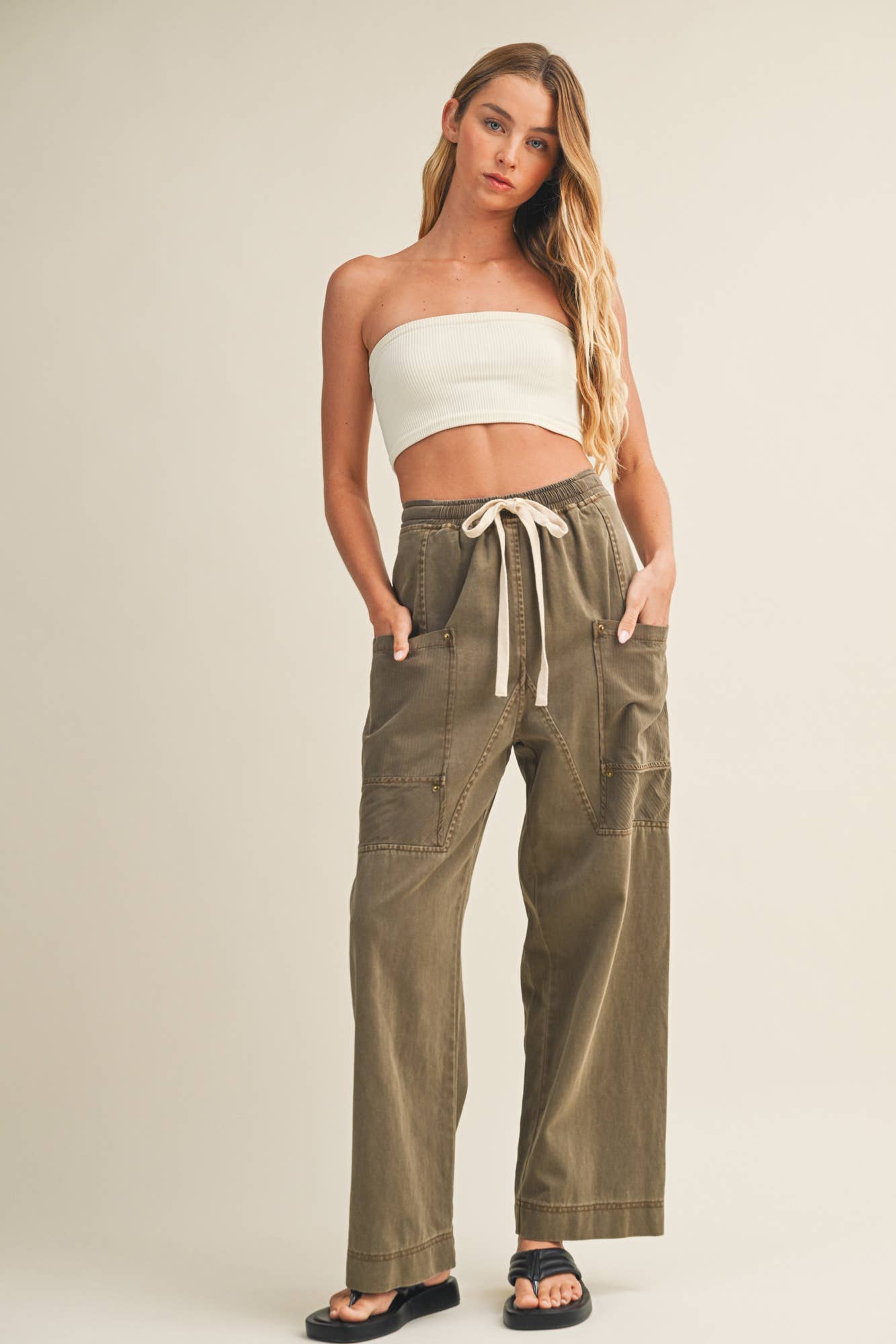 Drawstring Waist Wide Leg Utility Trouser
