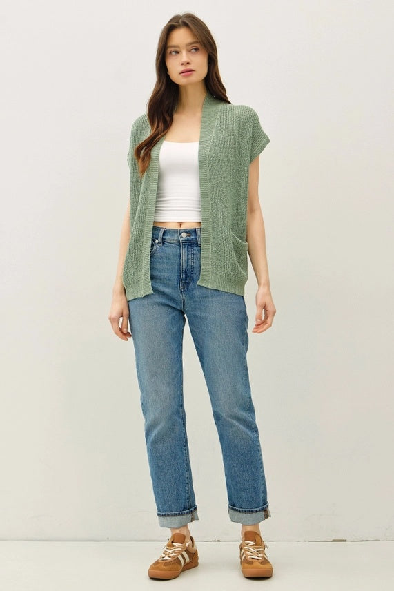 Knit Short Sleeved Open Cardigan