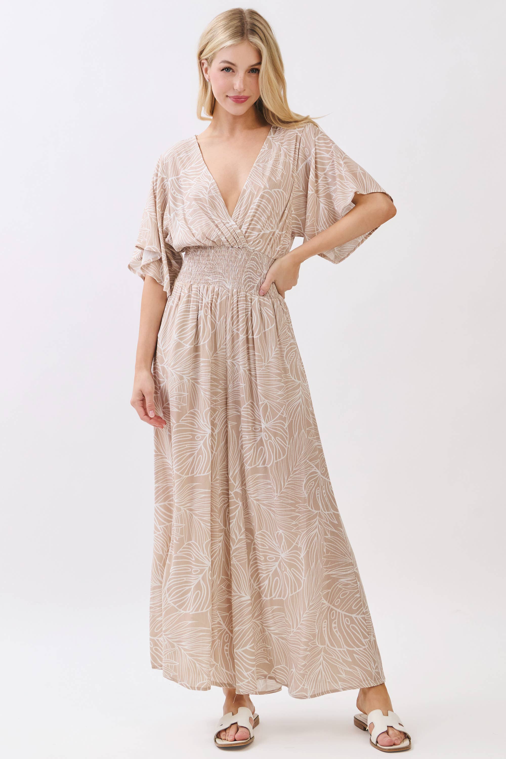 LEAF PRINT SURPLICE WIDE LEG JUMPSUIT