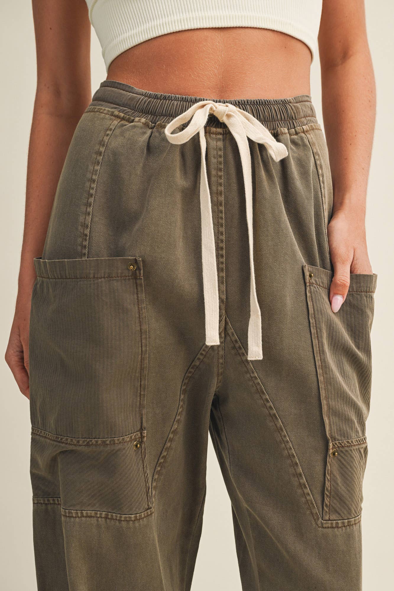 Drawstring Waist Wide Leg Utility Trouser