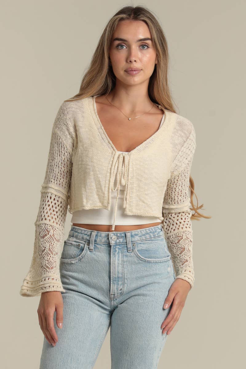 Crochet Flare Sleeve Tie Front Cardigan