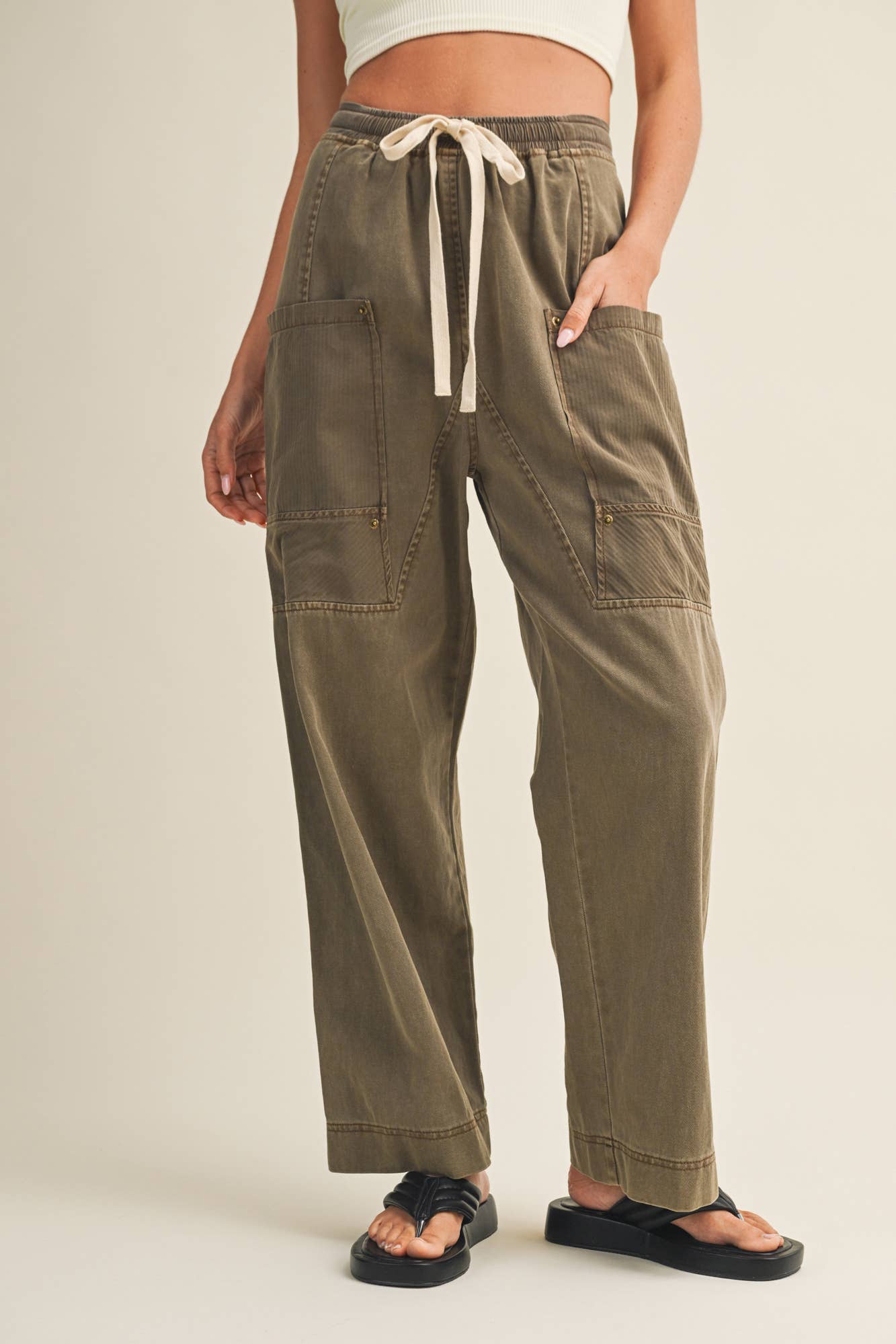 Drawstring Waist Wide Leg Utility Trouser
