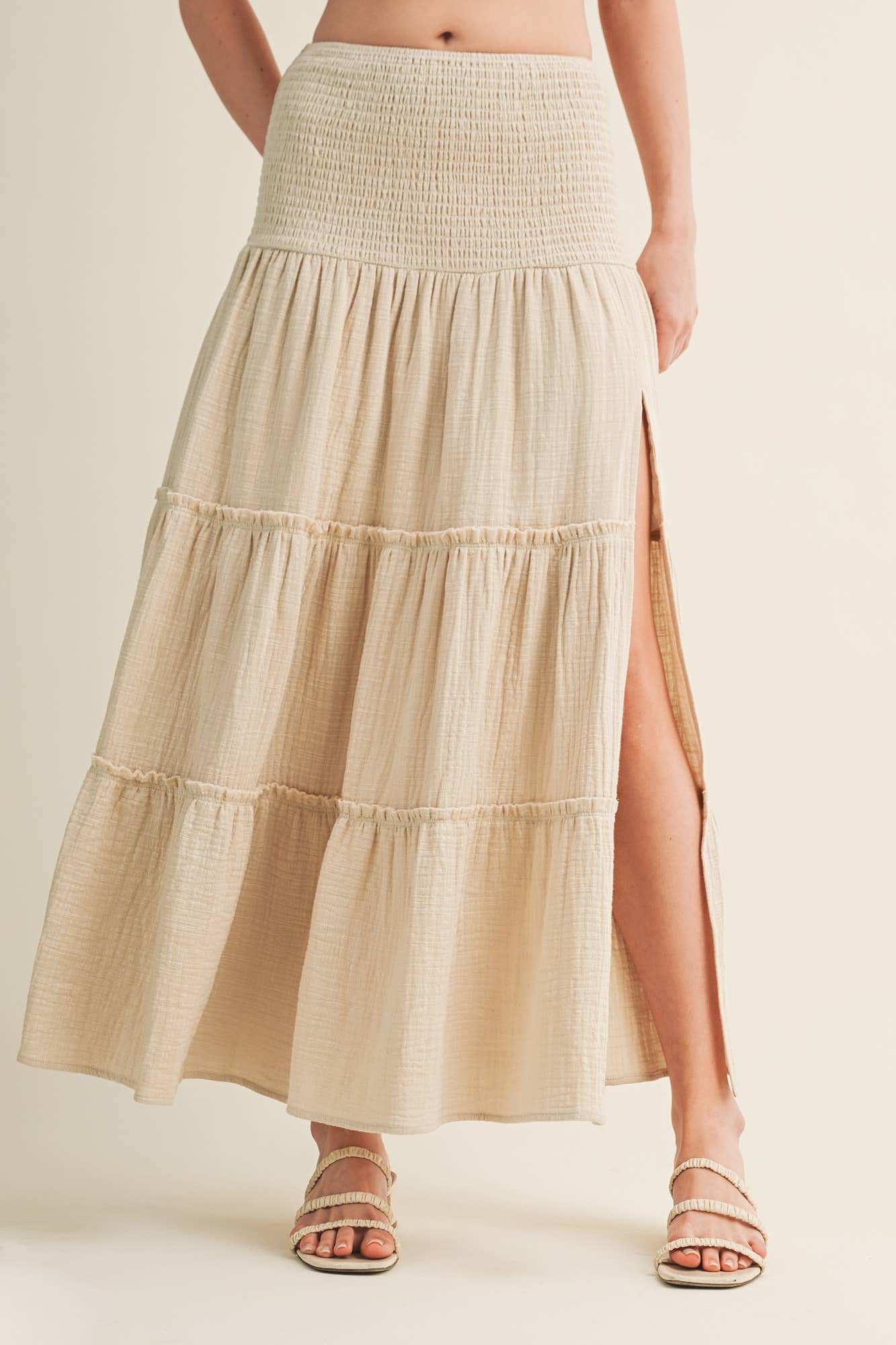 Smocked Waist High Slit Tiered Maxi