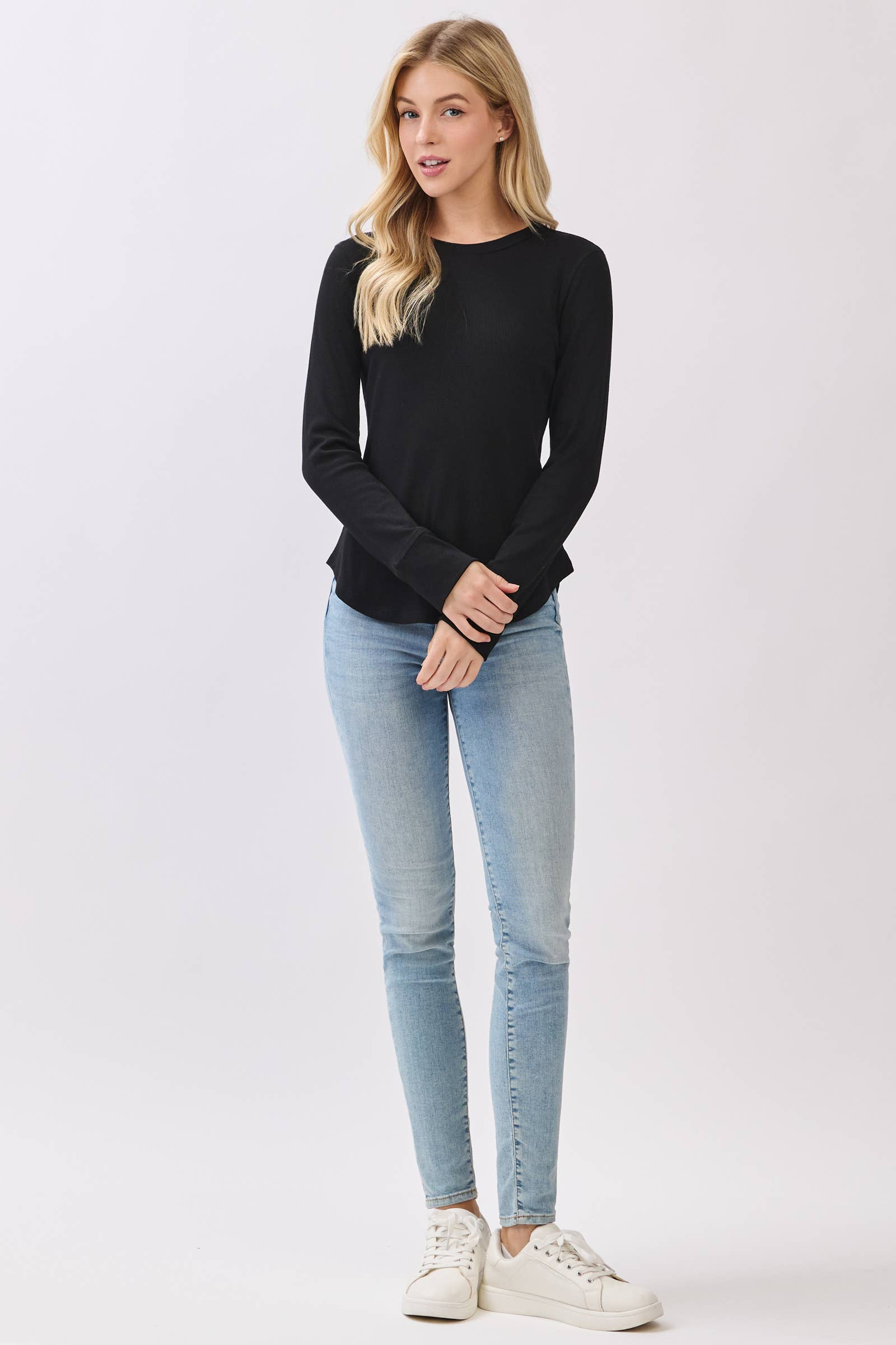 Ribbed Crew Neck Long Sleeve Fitted Top