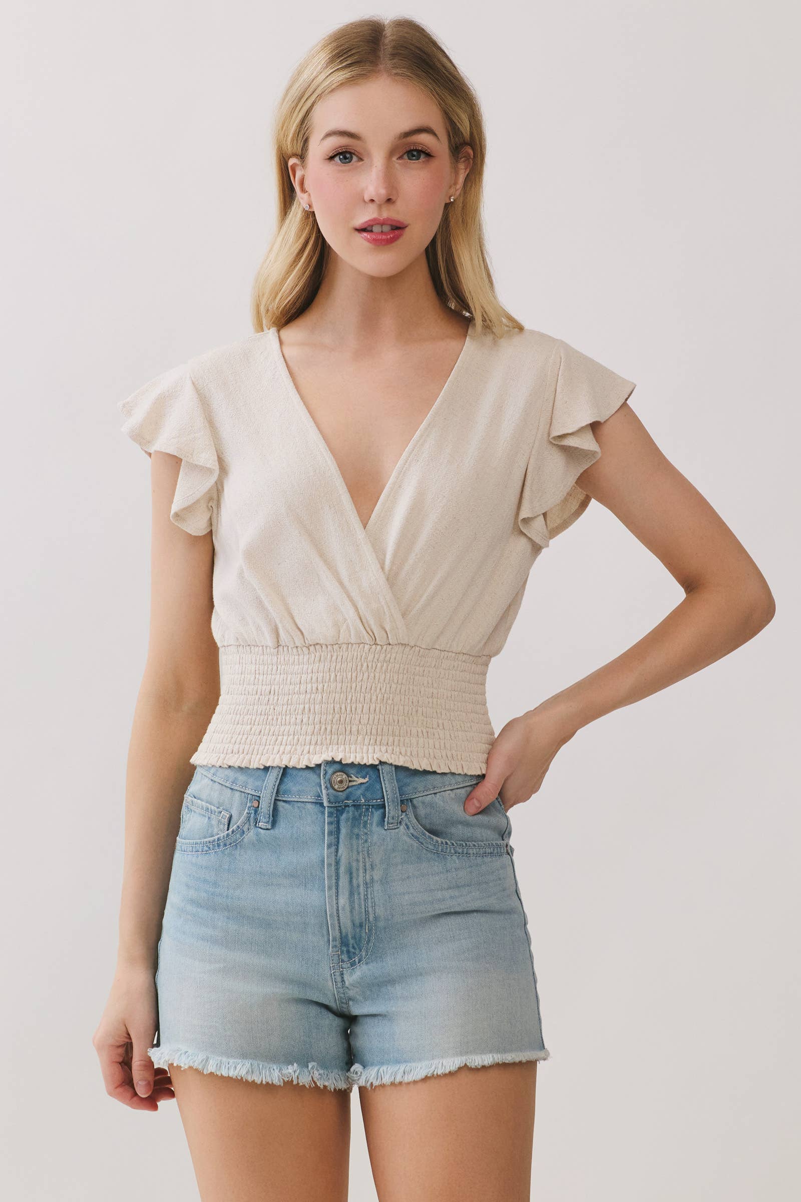 Linen Flutter Sleeve Smocked Top