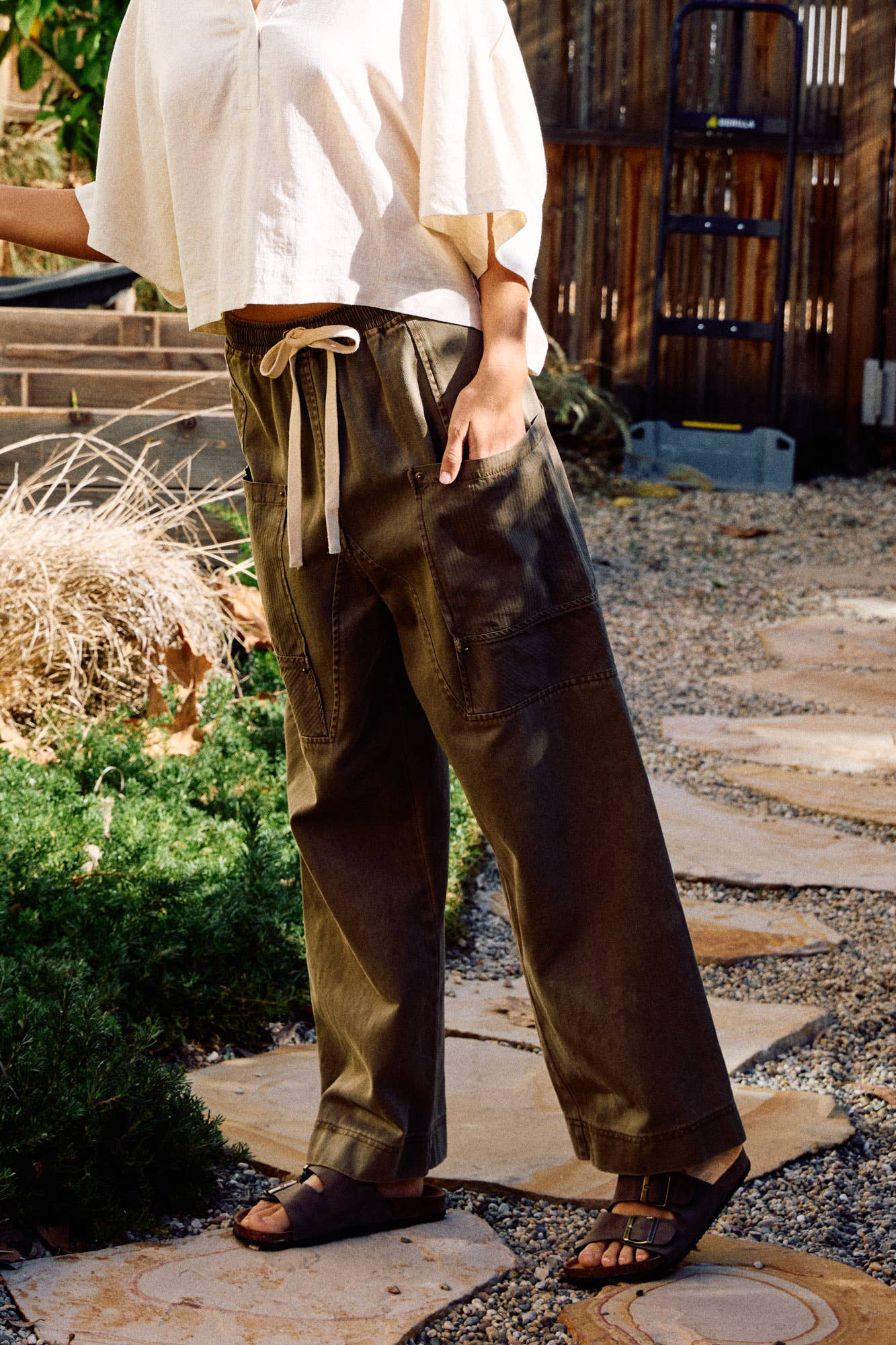 Drawstring Waist Wide Leg Utility Trouser