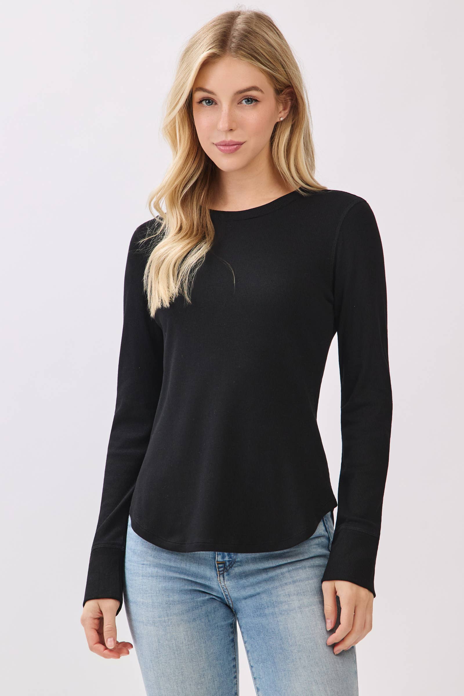 Ribbed Crew Neck Long Sleeve Fitted Top